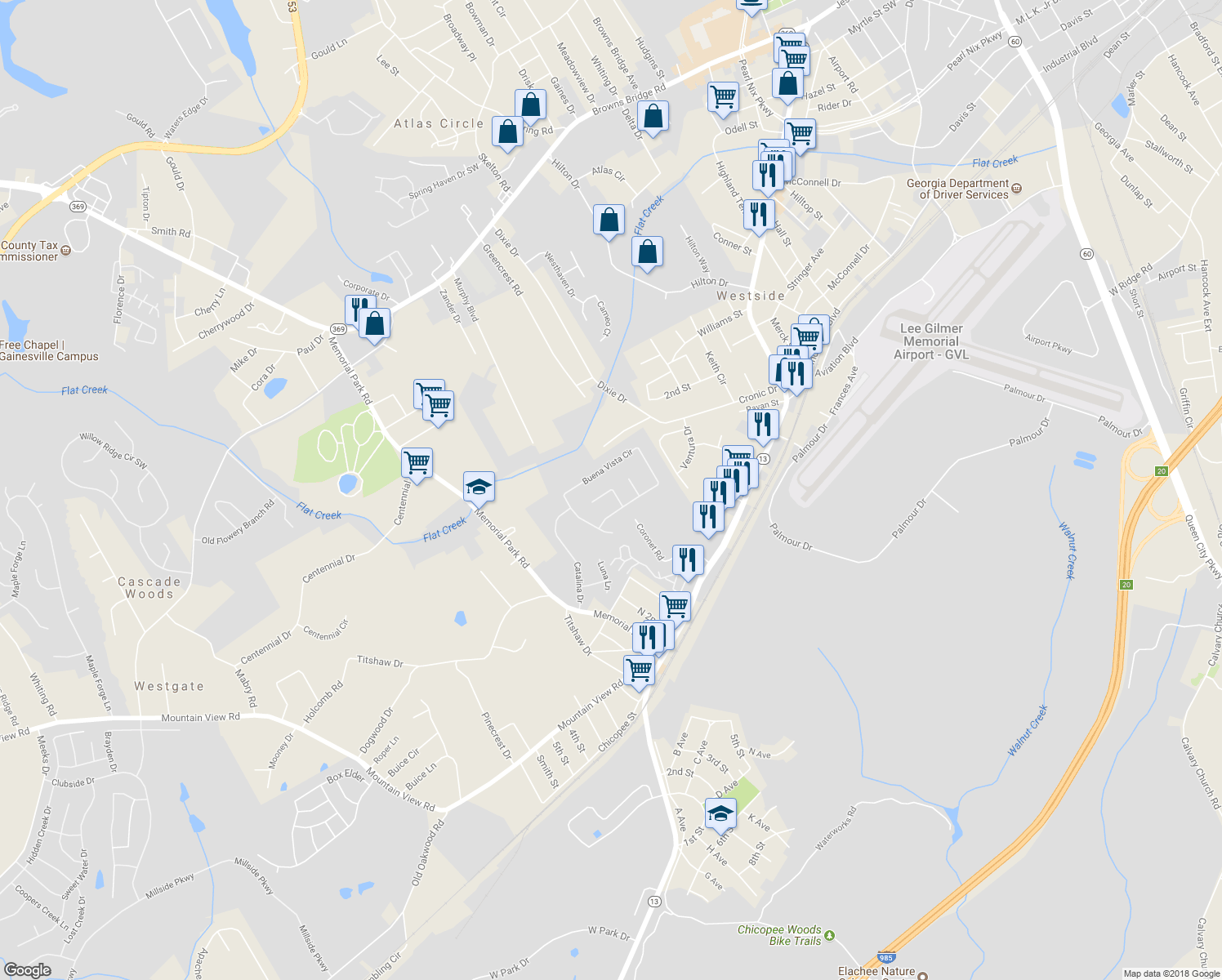 map of restaurants, bars, coffee shops, grocery stores, and more near 2475 Canary Court in Gainesville