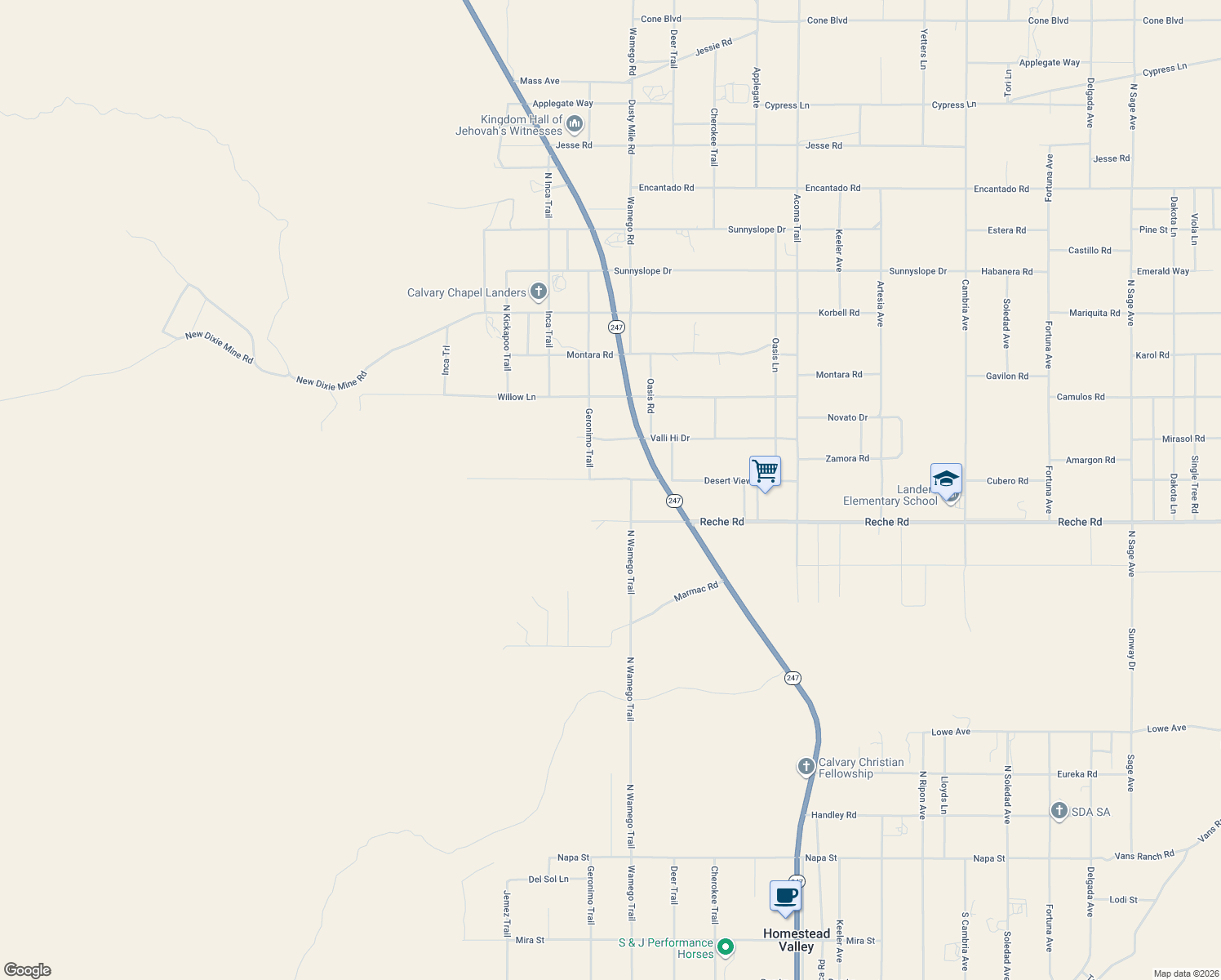 map of restaurants, bars, coffee shops, grocery stores, and more near 55651 Desert View Road in Landers