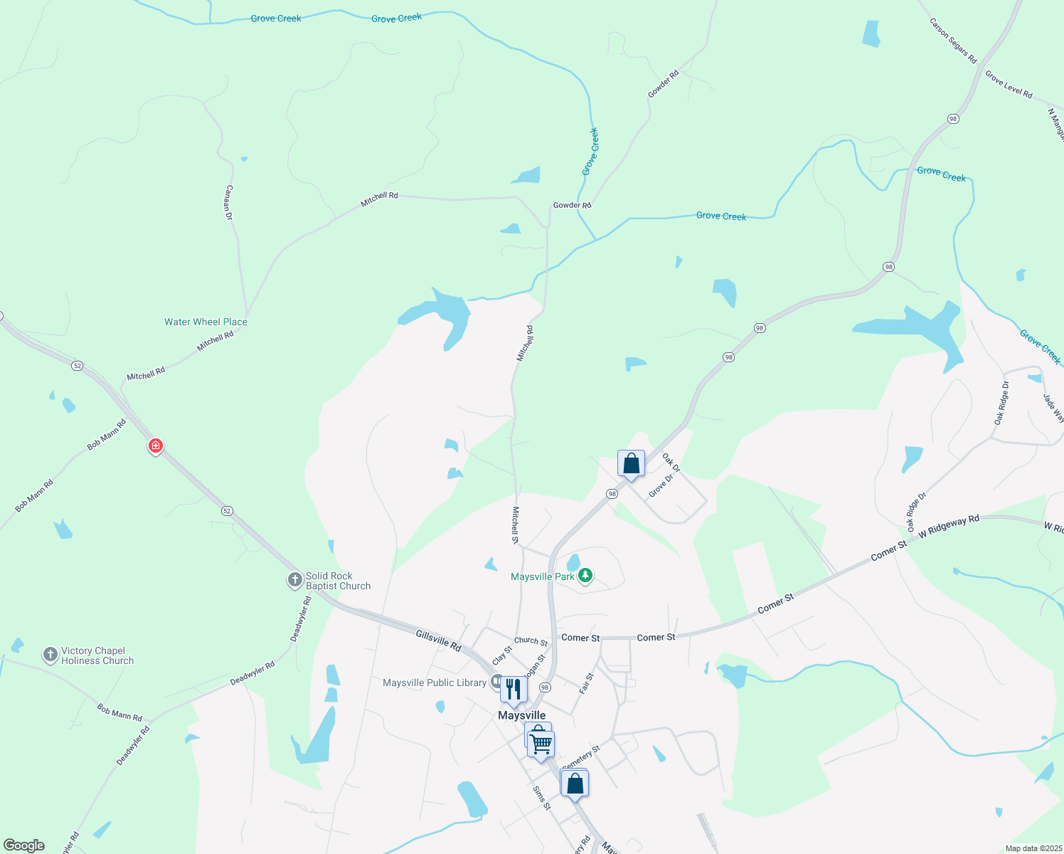map of restaurants, bars, coffee shops, grocery stores, and more near 350 Mitchell Road in Maysville