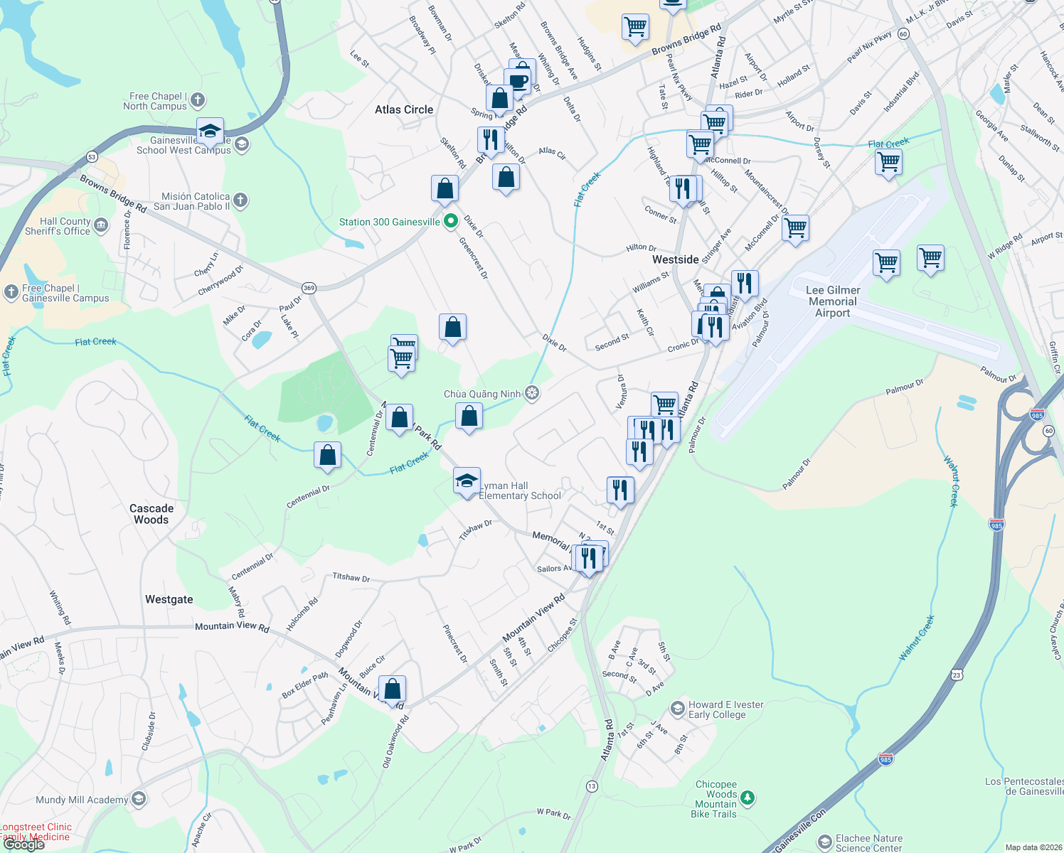 map of restaurants, bars, coffee shops, grocery stores, and more near 2747 Buena Vista Cir in Gainesville