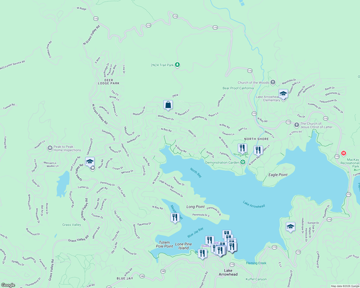 map of restaurants, bars, coffee shops, grocery stores, and more near 27778 West Shore Road in Lake Arrowhead
