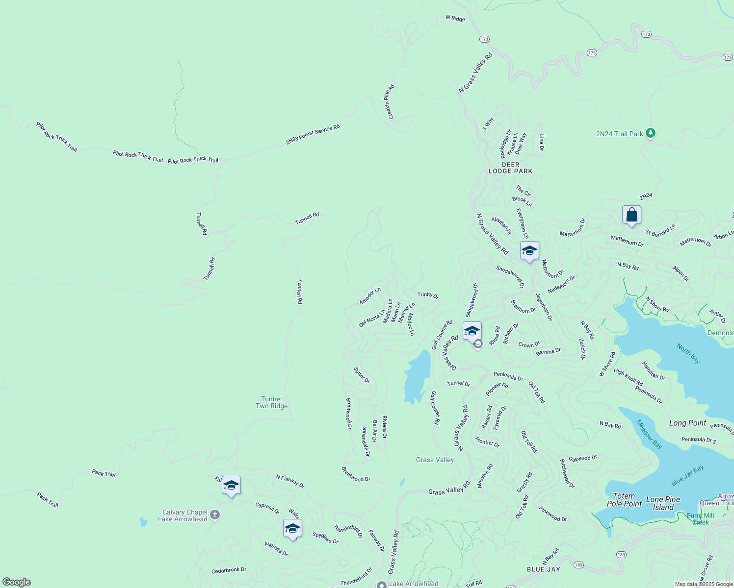 map of restaurants, bars, coffee shops, grocery stores, and more near 26603 Windward Road in Lake Arrowhead