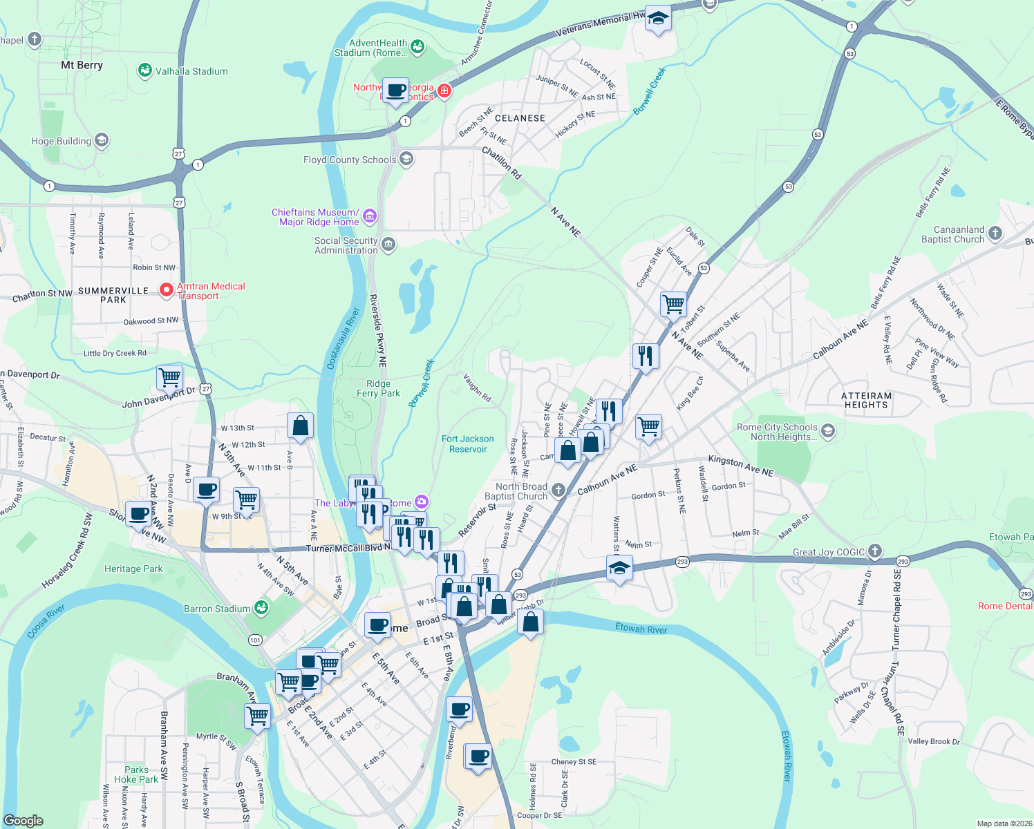 map of restaurants, bars, coffee shops, grocery stores, and more near 327 Ross Street Northeast in Rome