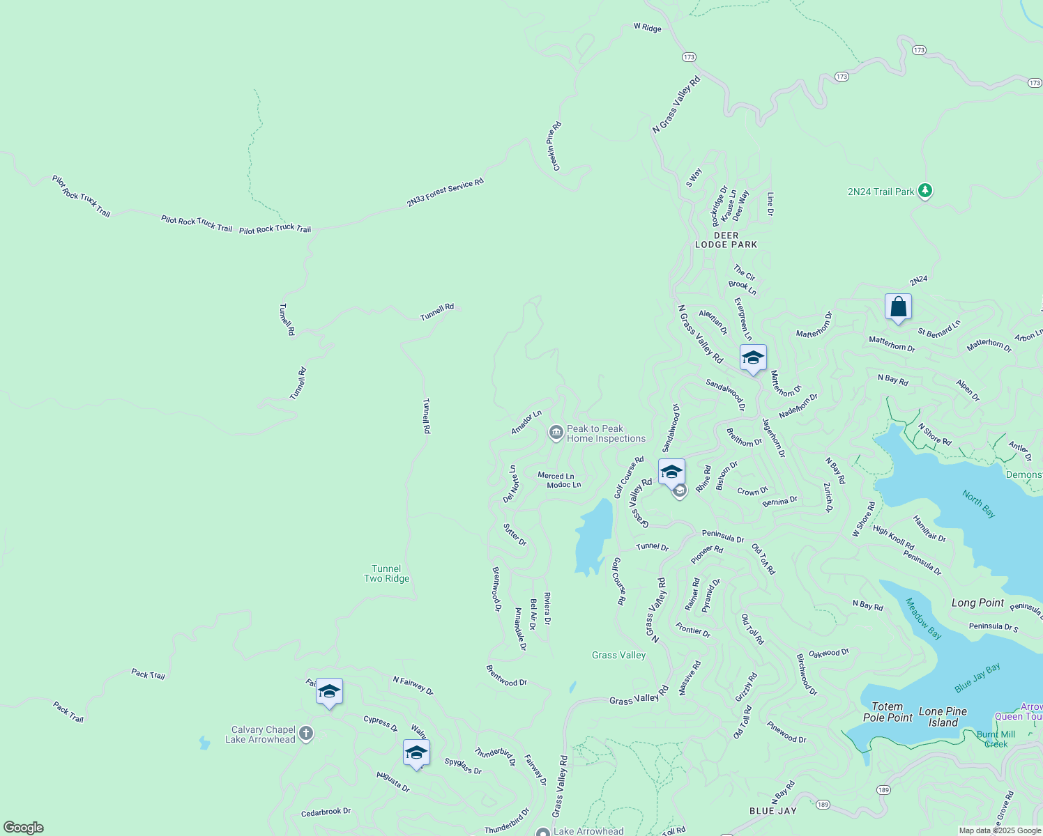 map of restaurants, bars, coffee shops, grocery stores, and more near 26603 Windward Road in Lake Arrowhead
