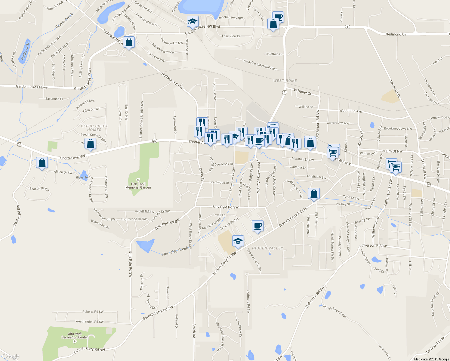 map of restaurants, bars, coffee shops, grocery stores, and more near 104 Brentwood Drive in Rome