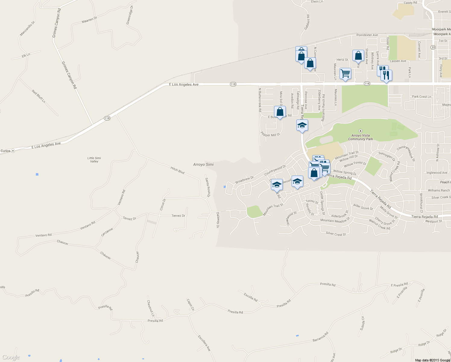 map of restaurants, bars, coffee shops, grocery stores, and more near 4247 Kingsview Road in Moorpark