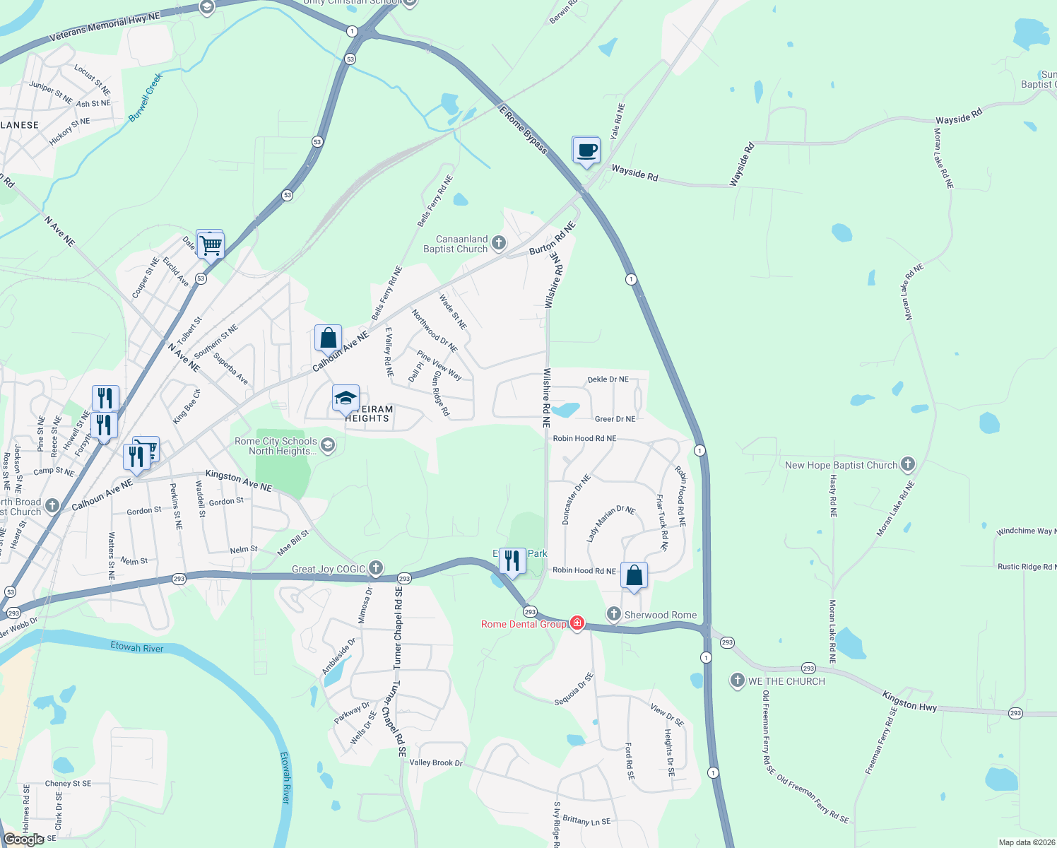 map of restaurants, bars, coffee shops, grocery stores, and more near 5 Berkshire Drive Northeast in Rome