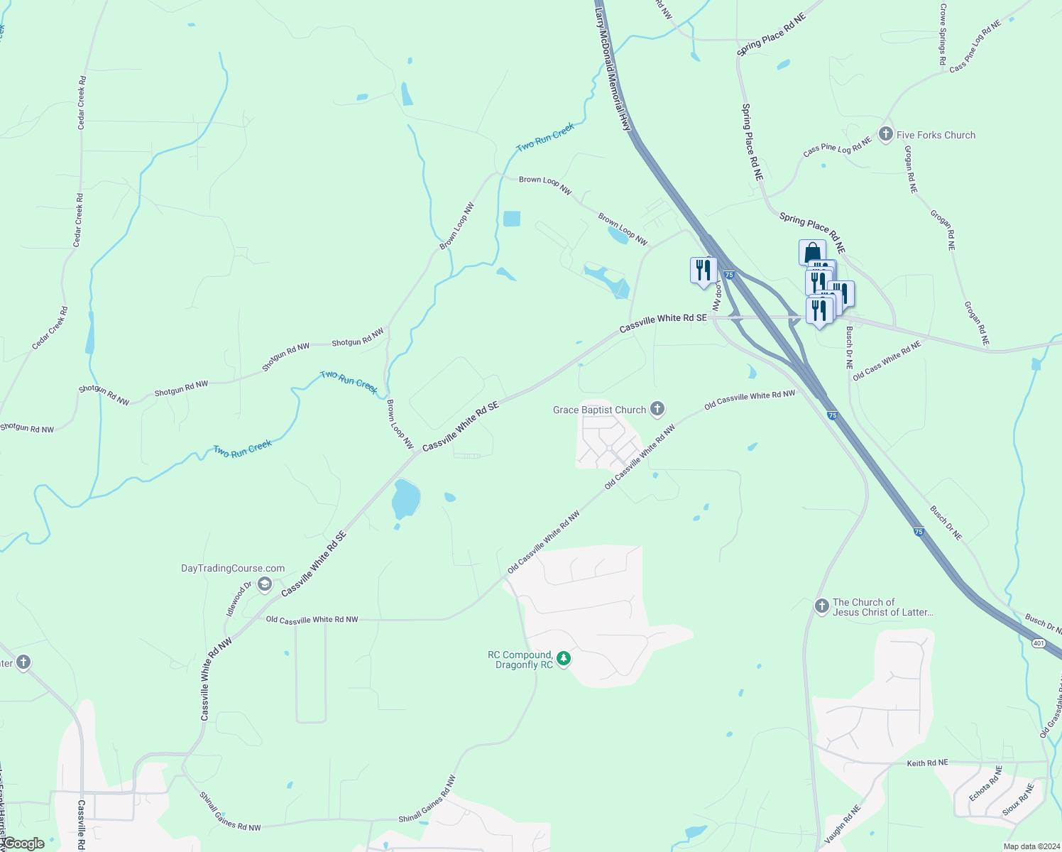 map of restaurants, bars, coffee shops, grocery stores, and more near 726 Cassville White Road Northwest in Cartersville