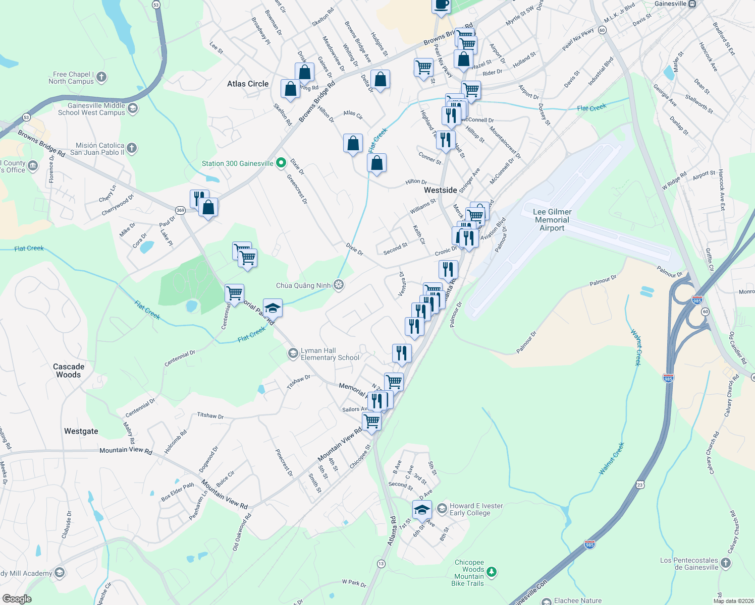 map of restaurants, bars, coffee shops, grocery stores, and more near 2641 Buena Vista Cir in Gainesville