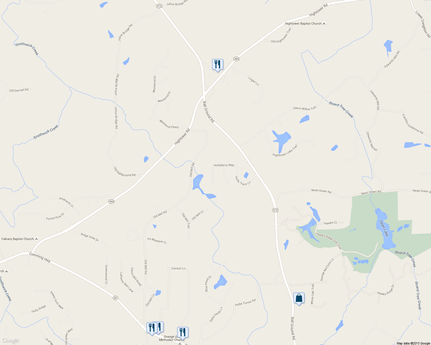 map of restaurants, bars, coffee shops, grocery stores, and more near 223 Hollyberry Way in Ball Ground