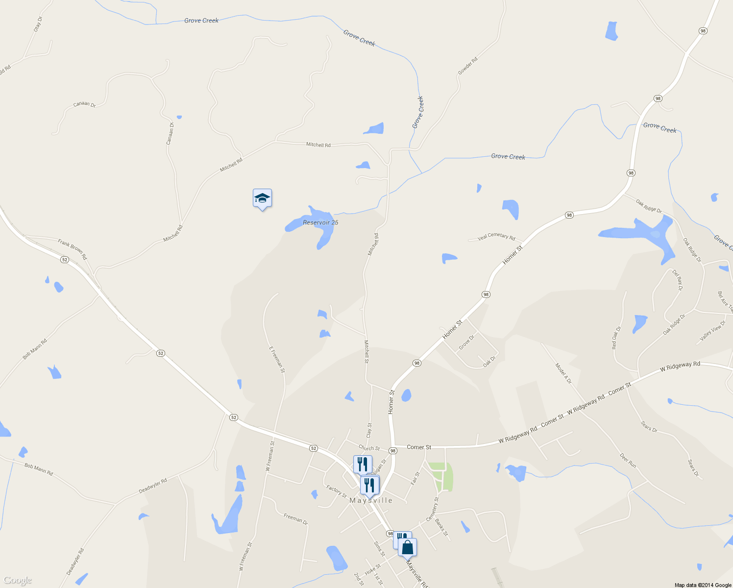 map of restaurants, bars, coffee shops, grocery stores, and more near 350 Mitchell Road in Maysville