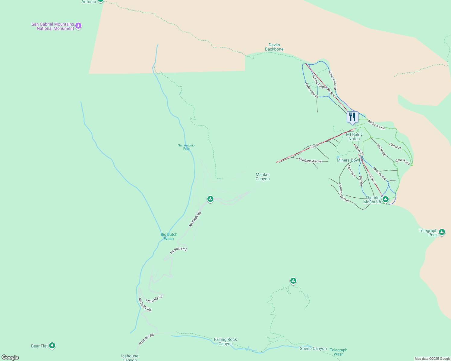 map of restaurants, bars, coffee shops, grocery stores, and more near 45 San Antonio Falls in Mount Baldy