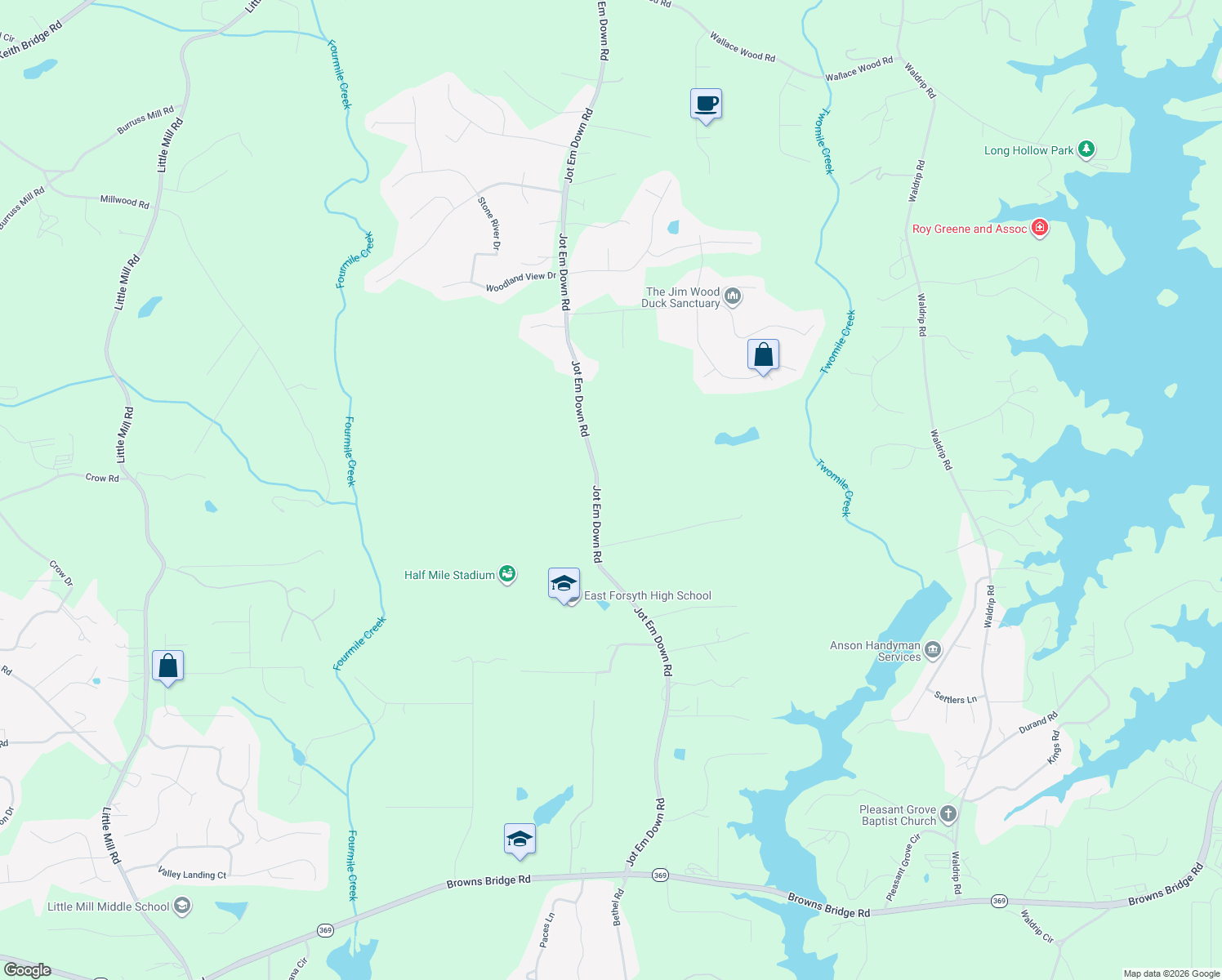 map of restaurants, bars, coffee shops, grocery stores, and more near 8785 Jot Em Down Road in Gainesville