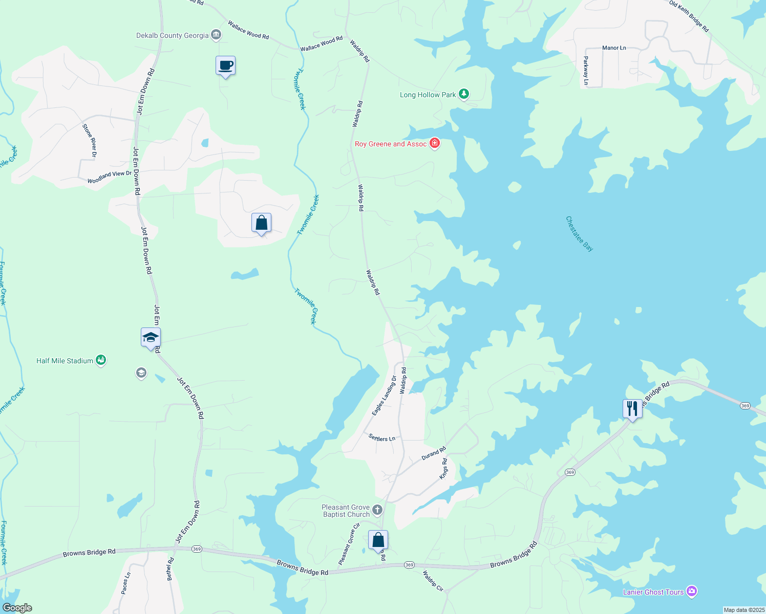 map of restaurants, bars, coffee shops, grocery stores, and more near 9210 Waldrip Road in Gainesville