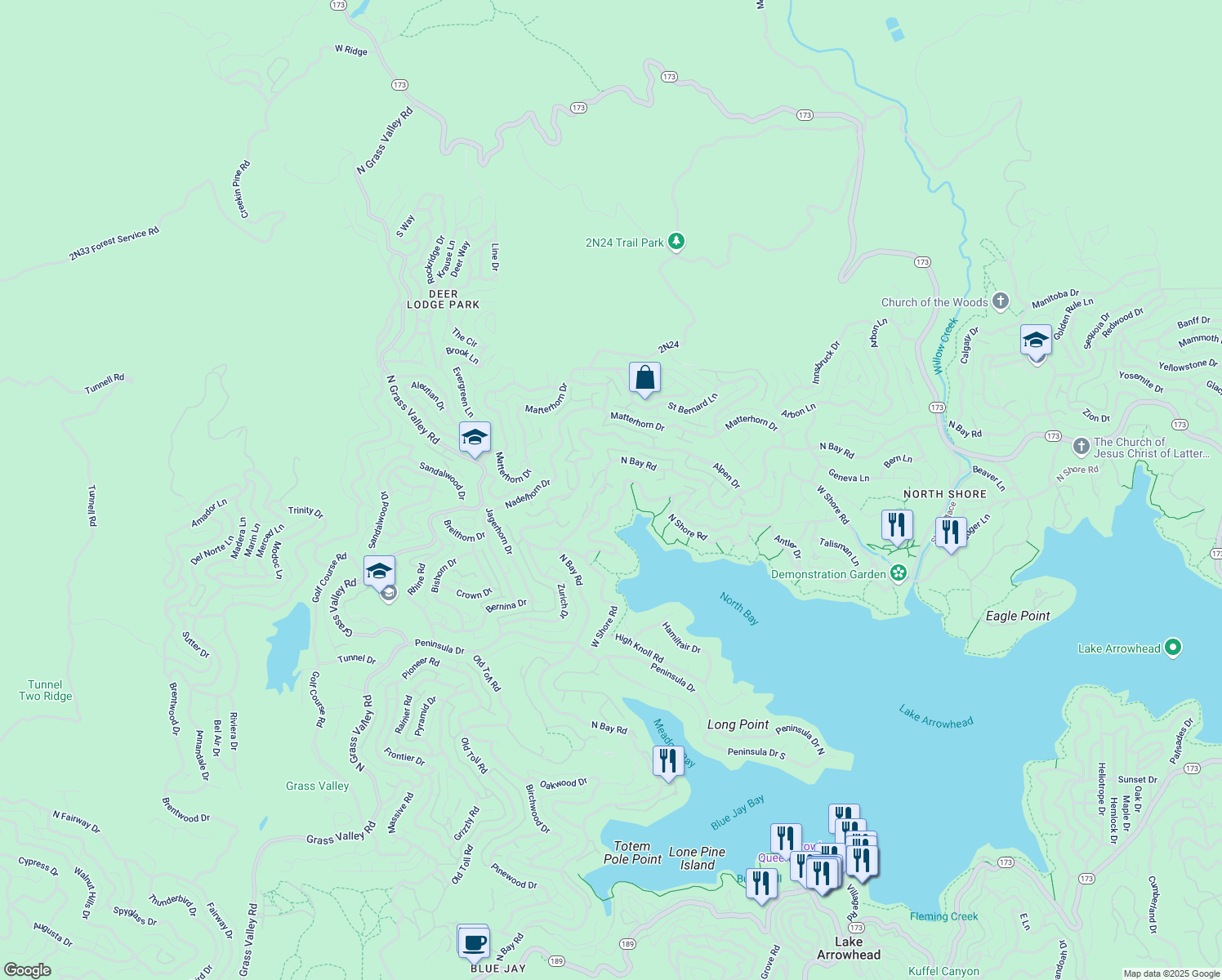 map of restaurants, bars, coffee shops, grocery stores, and more near 27571 North Bay Road in Lake Arrowhead