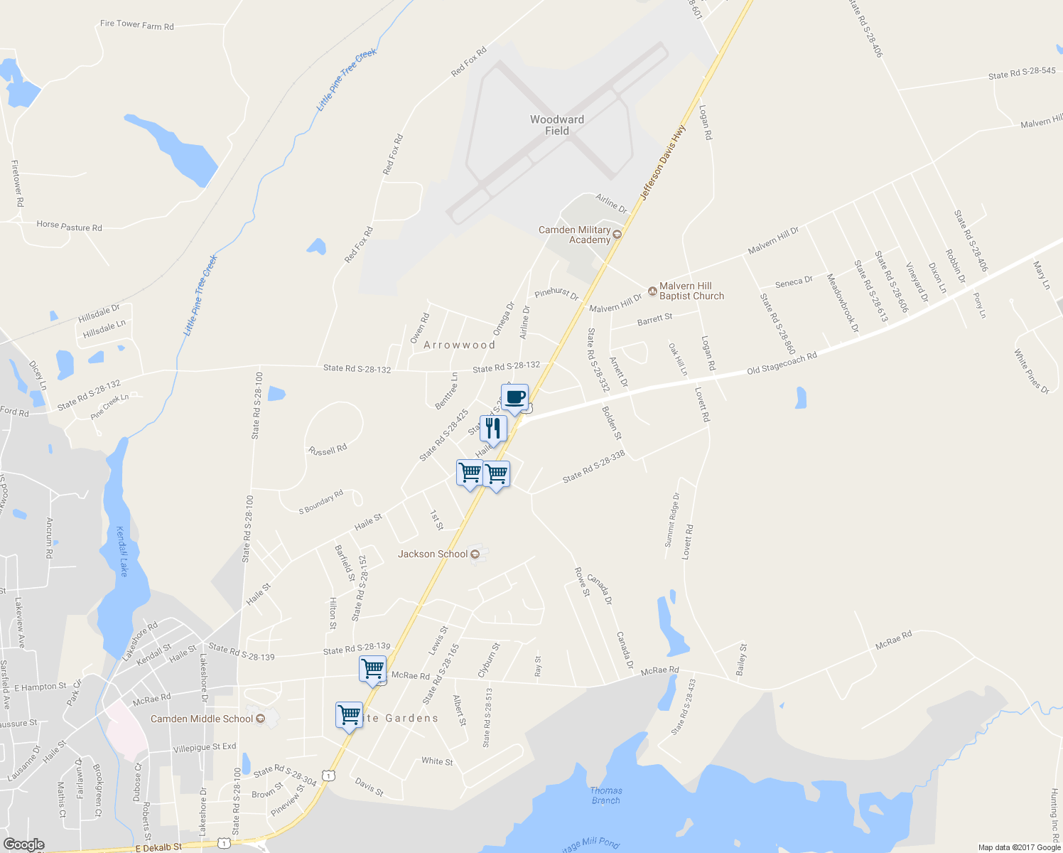 map of restaurants, bars, coffee shops, grocery stores, and more near 503 Old Stagecoach Road in Camden