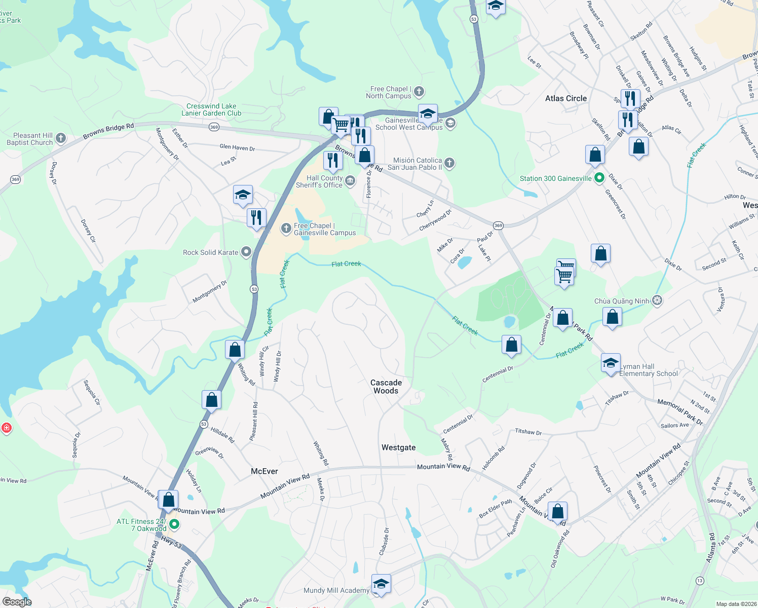map of restaurants, bars, coffee shops, grocery stores, and more near 3104 Ridgemont Trce SW in Gainesville