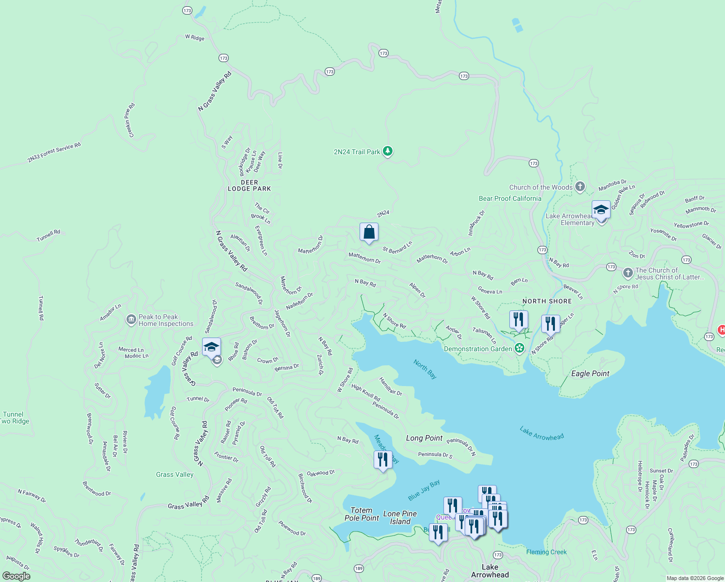 map of restaurants, bars, coffee shops, grocery stores, and more near 27614 West Shore Road in Lake Arrowhead