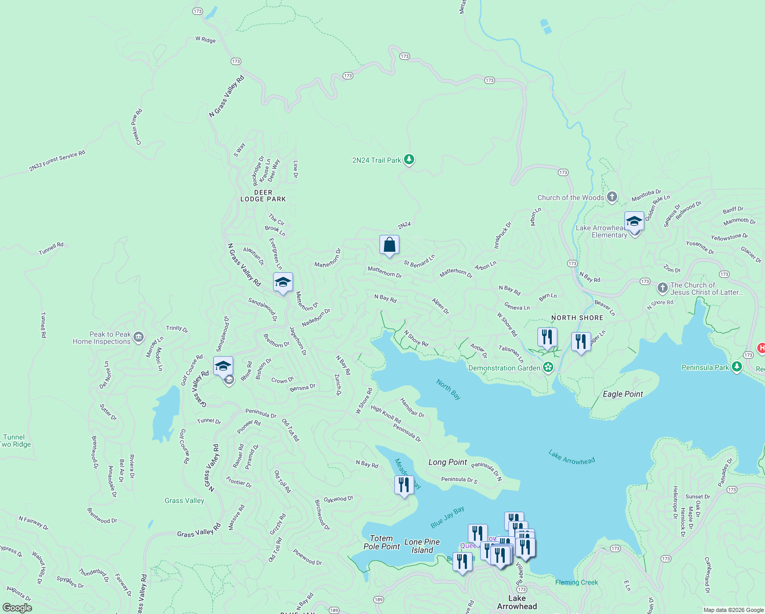 map of restaurants, bars, coffee shops, grocery stores, and more near 27622 West Shore Road in Lake Arrowhead