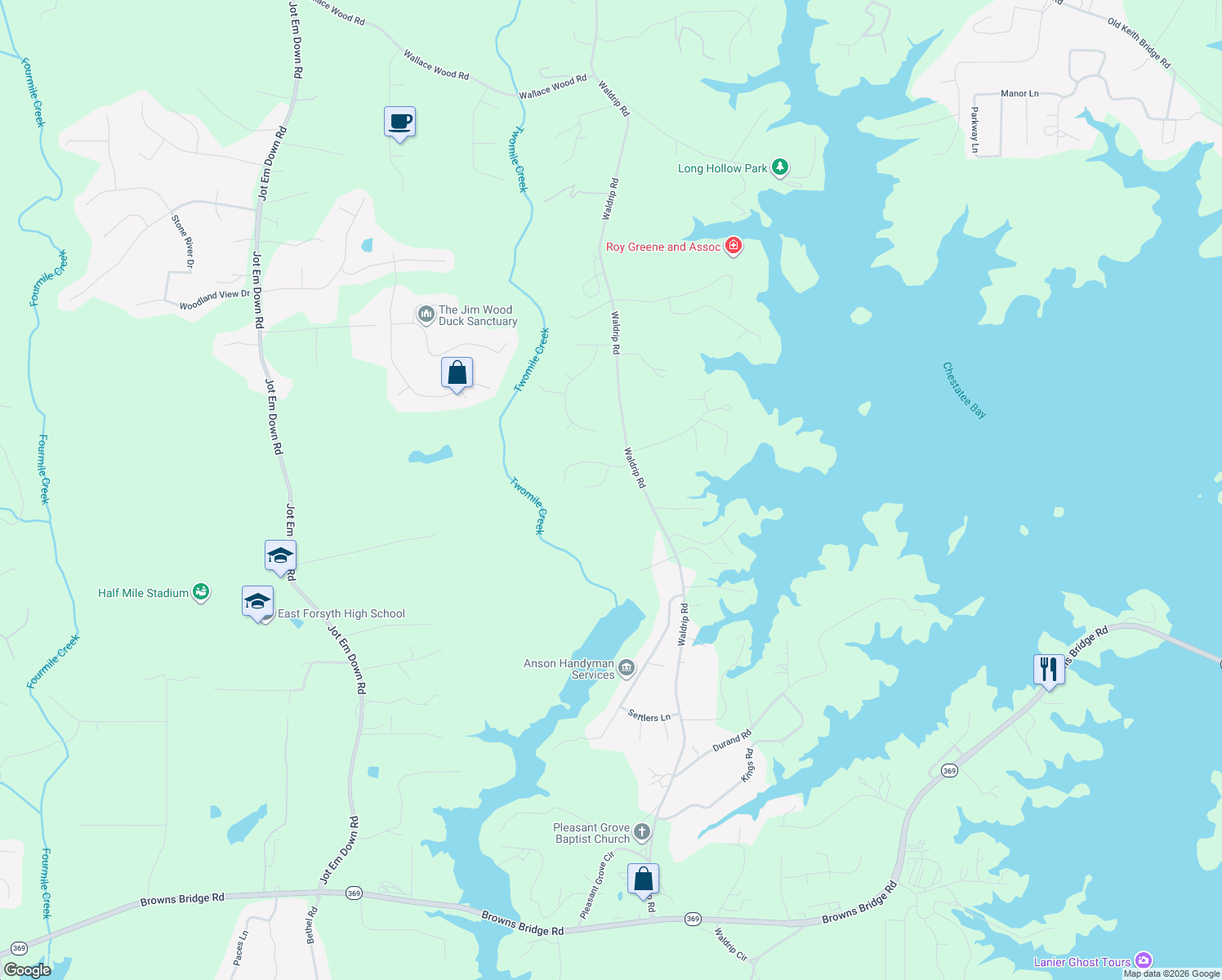 map of restaurants, bars, coffee shops, grocery stores, and more near 9115 Kate Court in Gainesville
