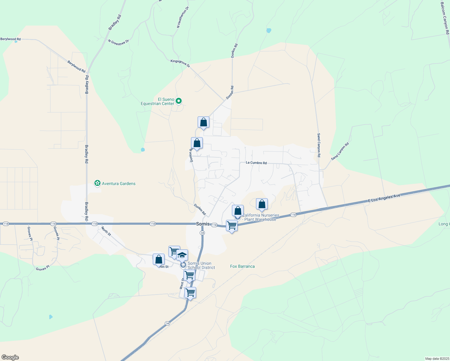 map of restaurants, bars, coffee shops, grocery stores, and more near 5645 La Cumbre Road in Somis