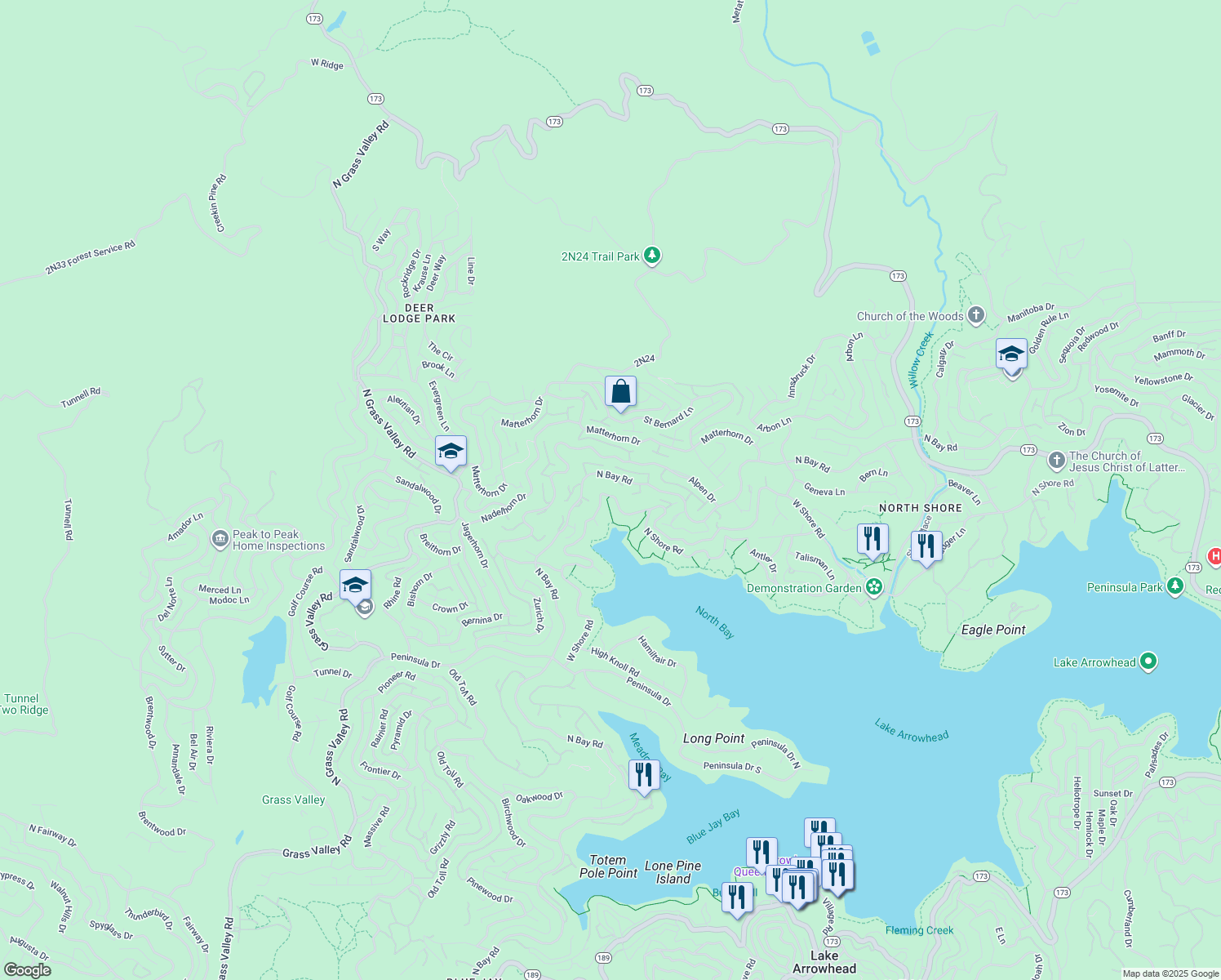 map of restaurants, bars, coffee shops, grocery stores, and more near 27622 West Shore Road in Lake Arrowhead