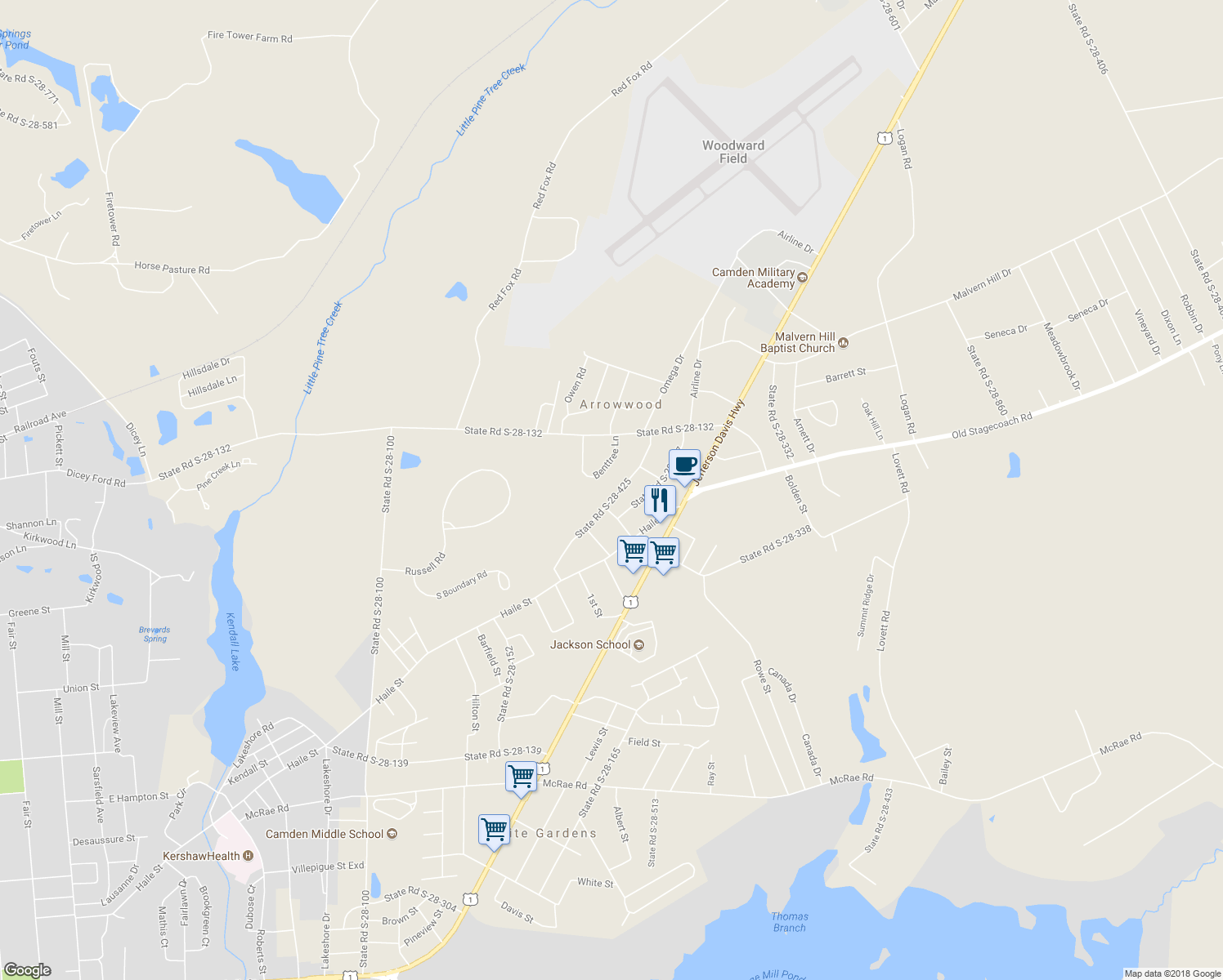 map of restaurants, bars, coffee shops, grocery stores, and more near 1905 State Road S-28-425 in Camden