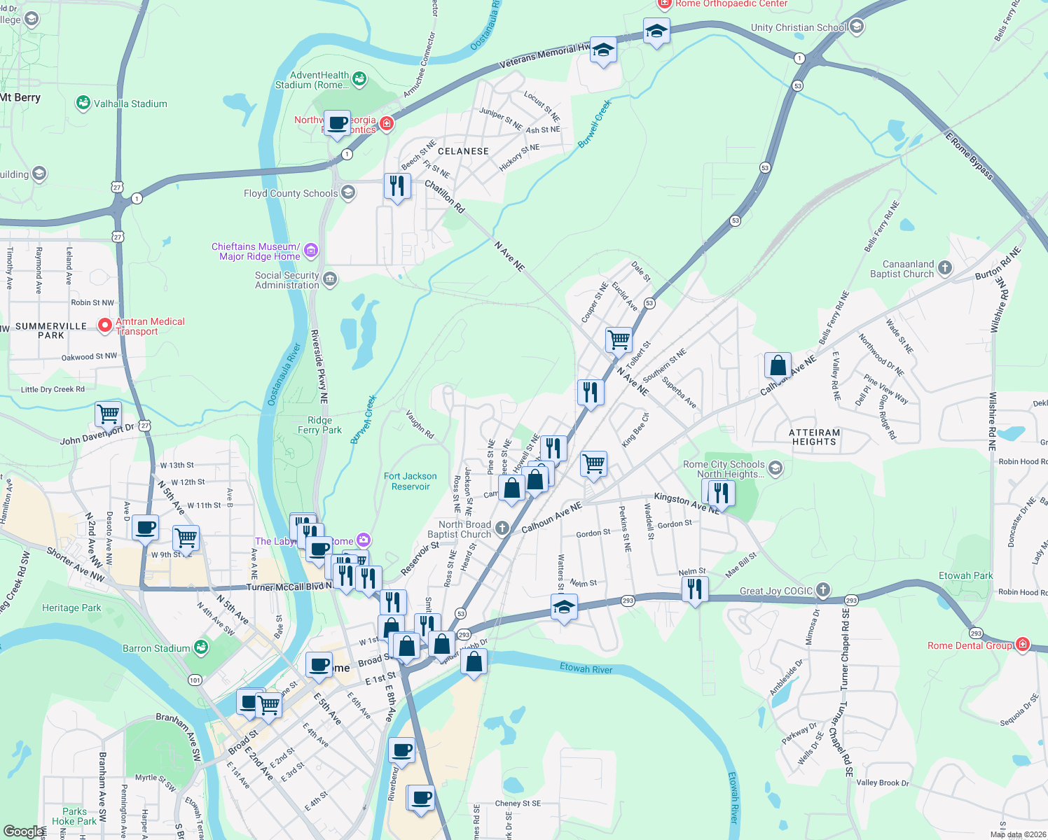 map of restaurants, bars, coffee shops, grocery stores, and more near 406 Reece Street Northeast in Rome