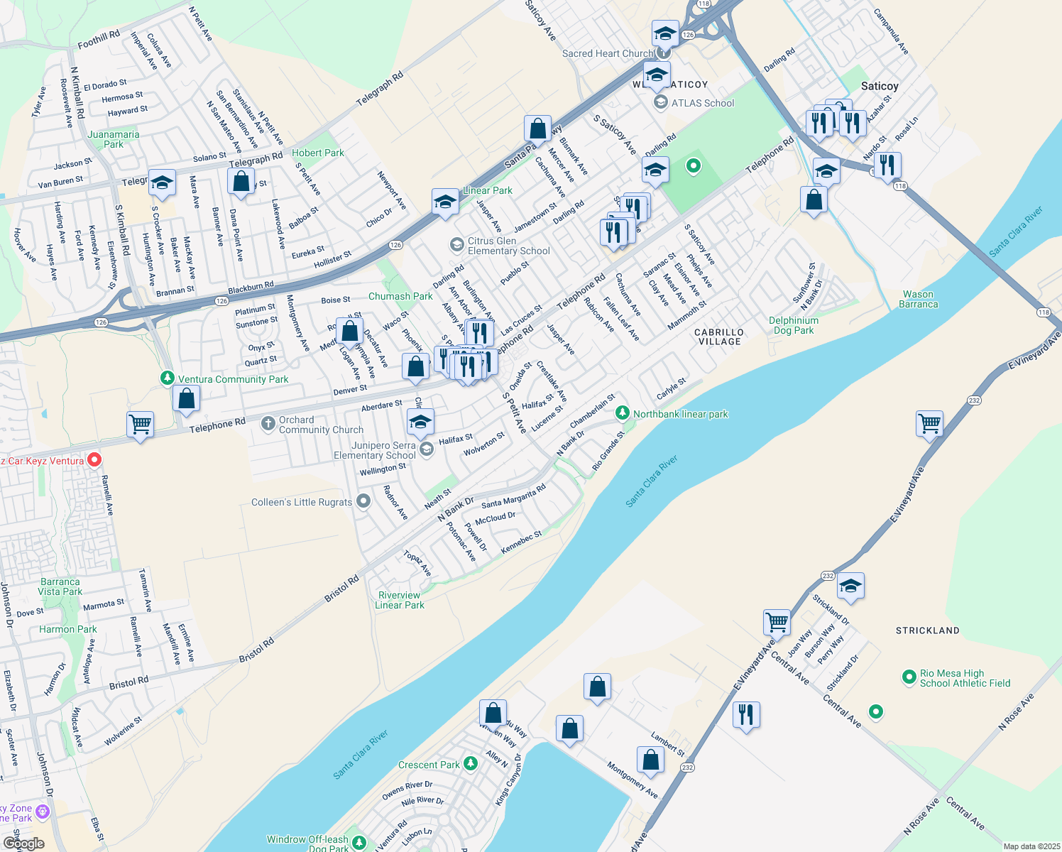 map of restaurants, bars, coffee shops, grocery stores, and more near 9513 Lucerne Street in Ventura