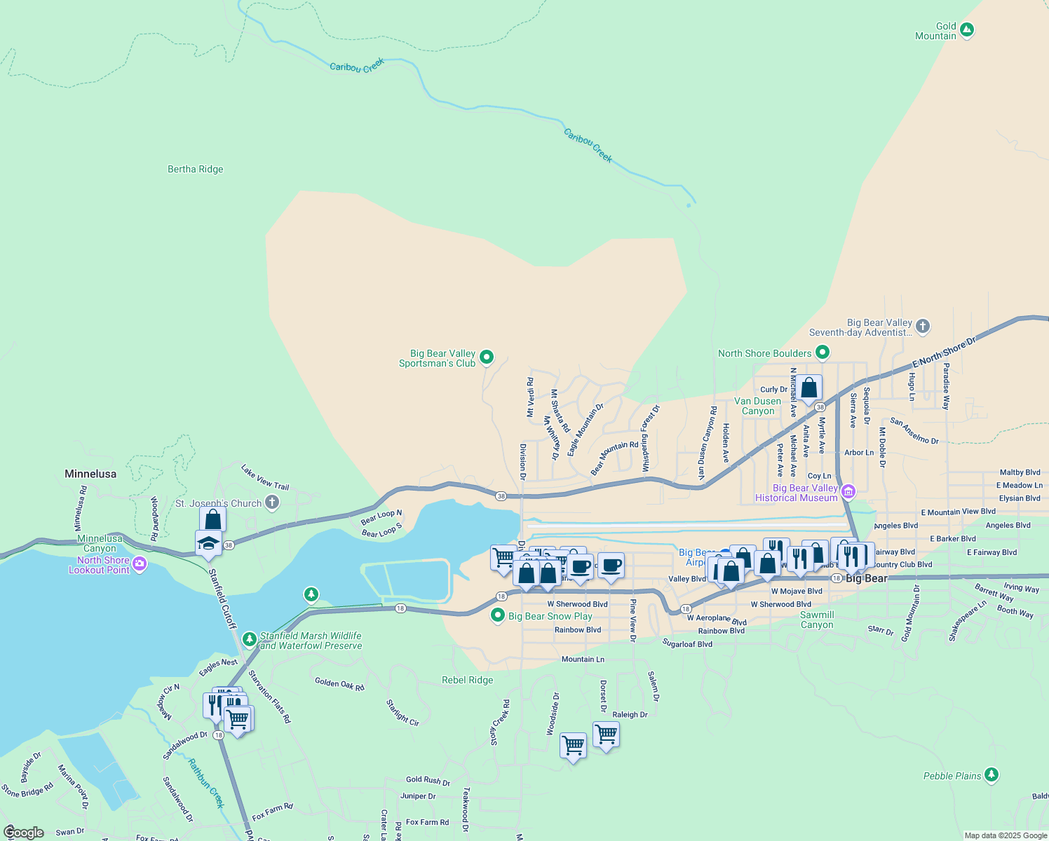map of restaurants, bars, coffee shops, grocery stores, and more near 1091 Mount Verdi Road in Big Bear