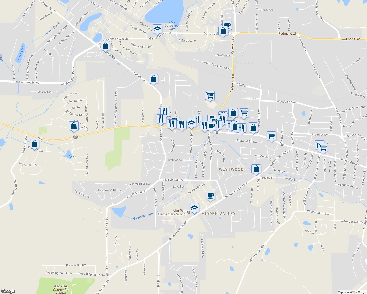 map of restaurants, bars, coffee shops, grocery stores, and more near 107 Deerbrook Drive in Rome