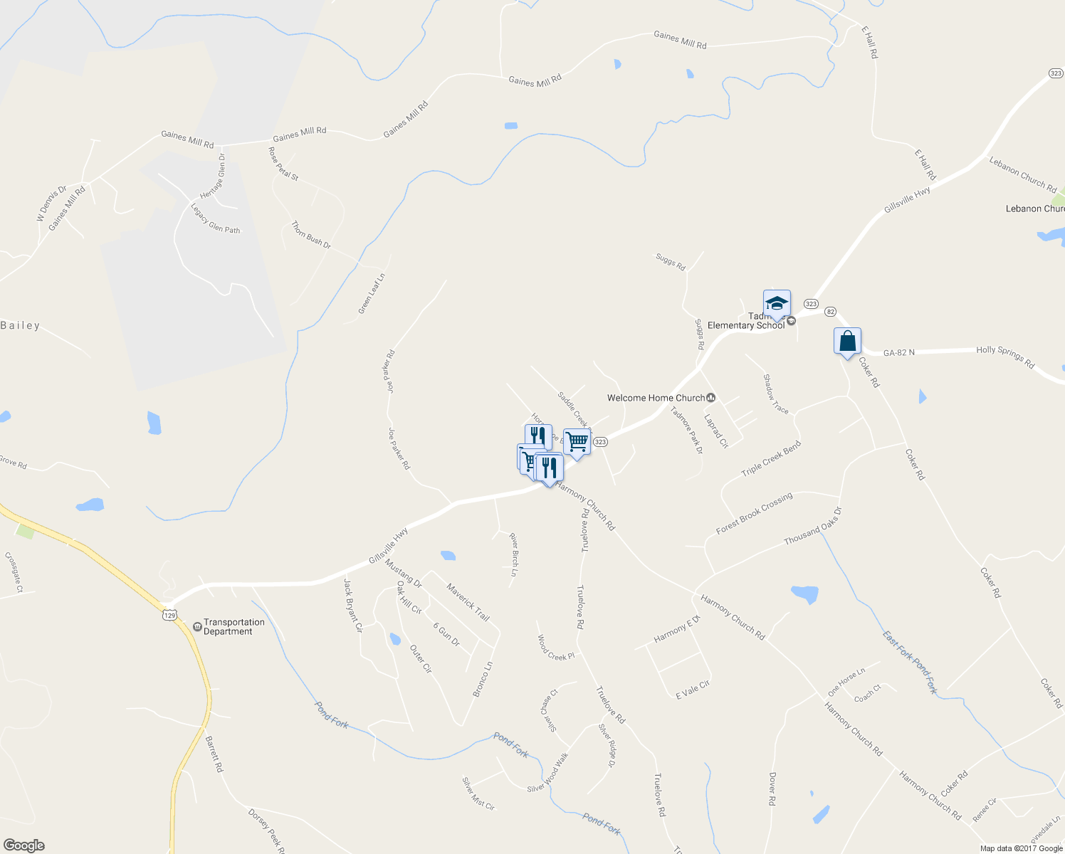 map of restaurants, bars, coffee shops, grocery stores, and more near 2954 Horseshoe Bend in Gainesville
