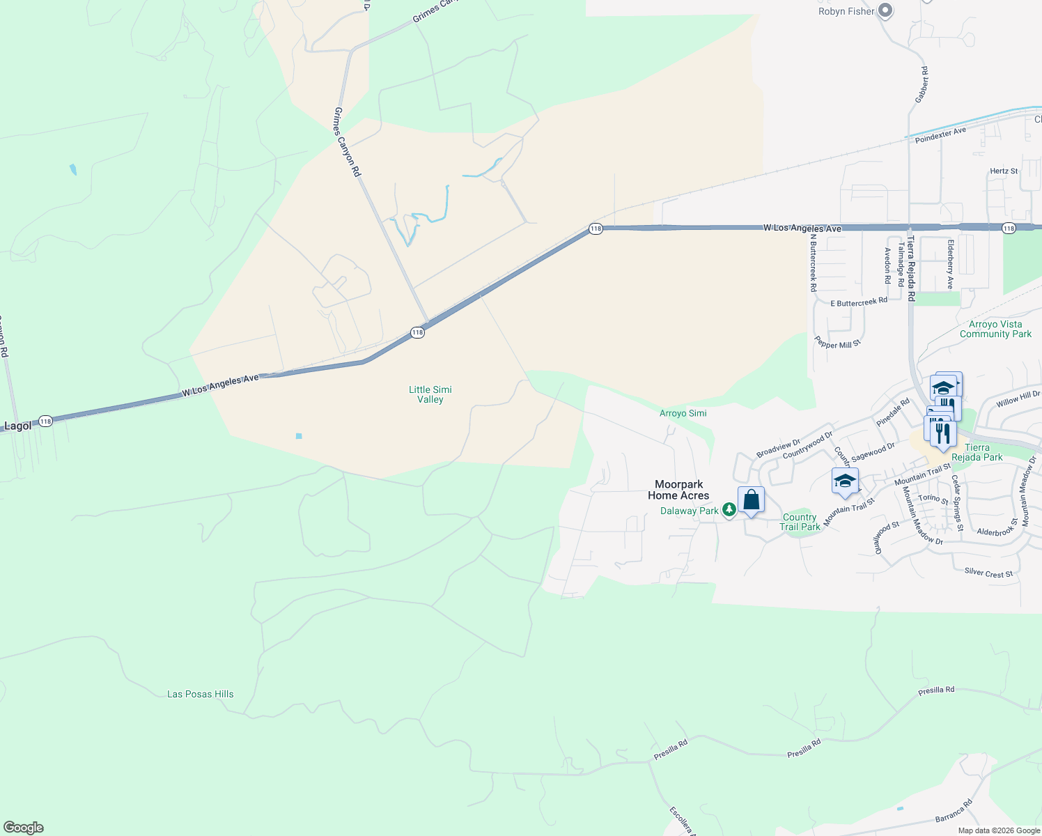 map of restaurants, bars, coffee shops, grocery stores, and more near 4287 Ventavo Road in Moorpark