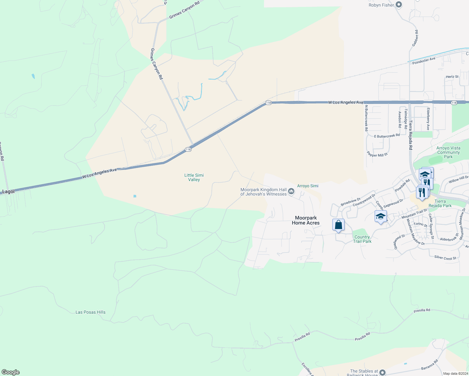 map of restaurants, bars, coffee shops, grocery stores, and more near 4287 Ventavo Road in Moorpark