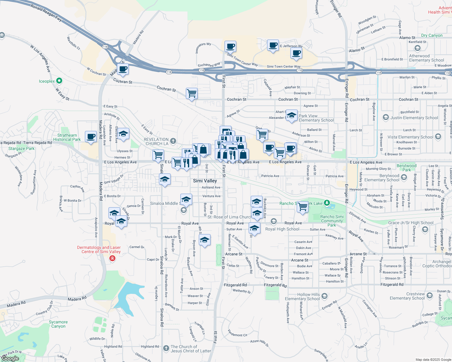 map of restaurants, bars, coffee shops, grocery stores, and more near 1750 First Street in Simi Valley