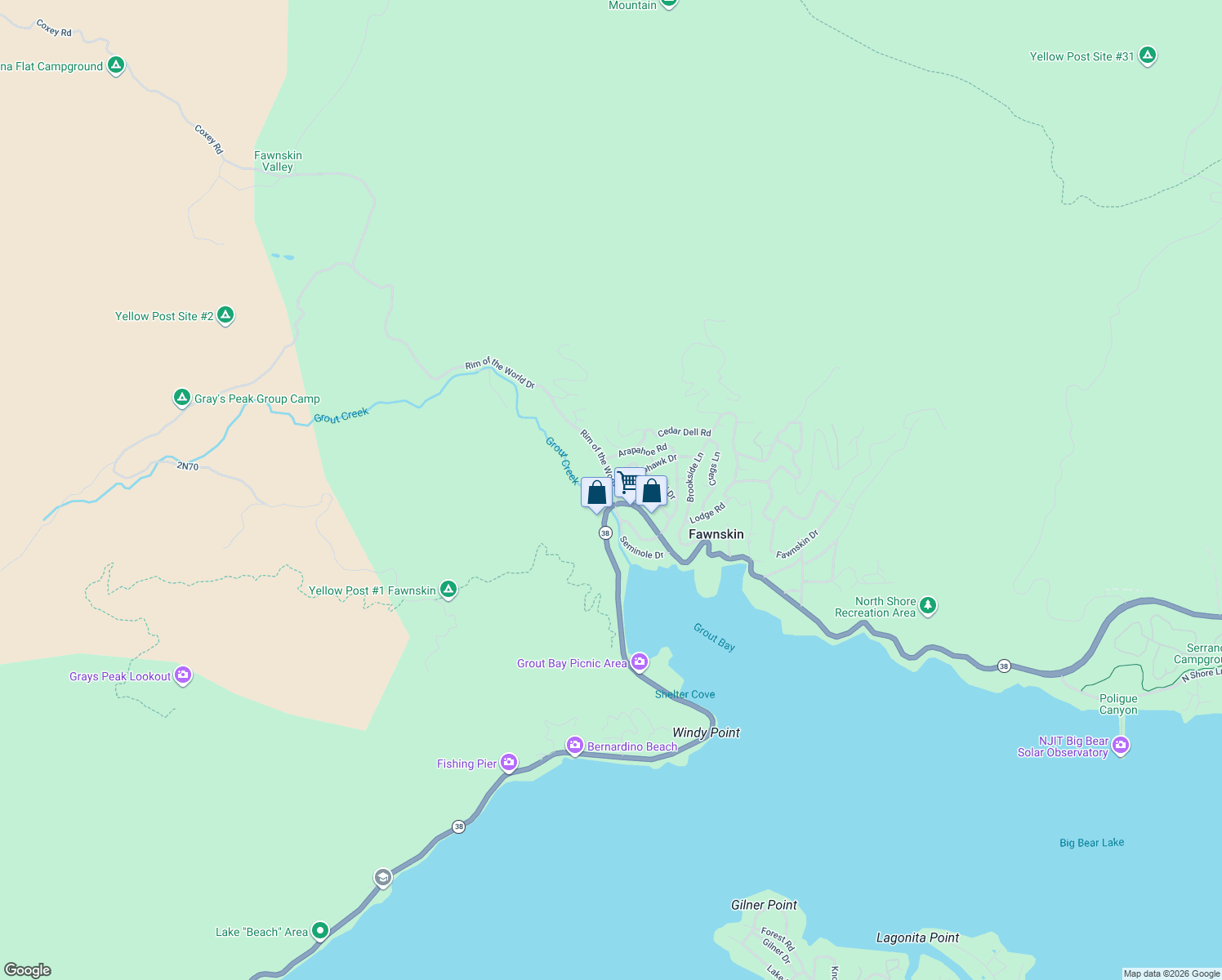 map of restaurants, bars, coffee shops, grocery stores, and more near 39167 Rim of the World Drive in Fawnskin