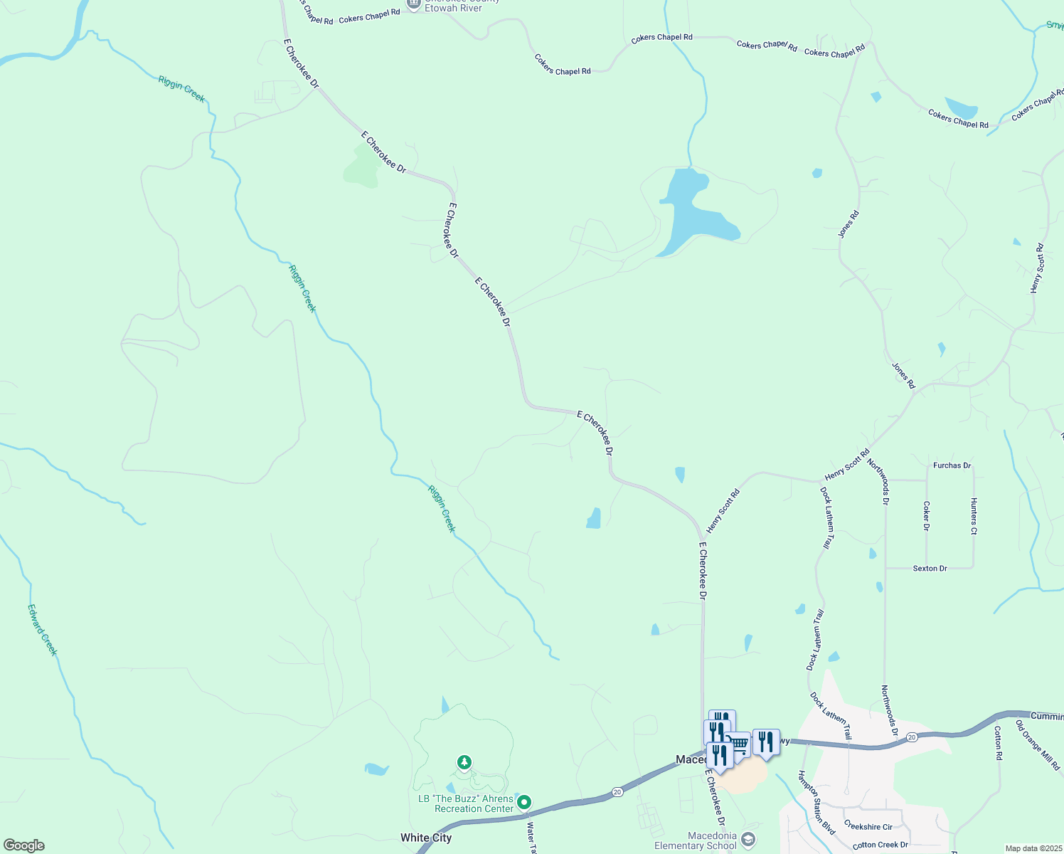 map of restaurants, bars, coffee shops, grocery stores, and more near 104 Creekside Way in Ball Ground