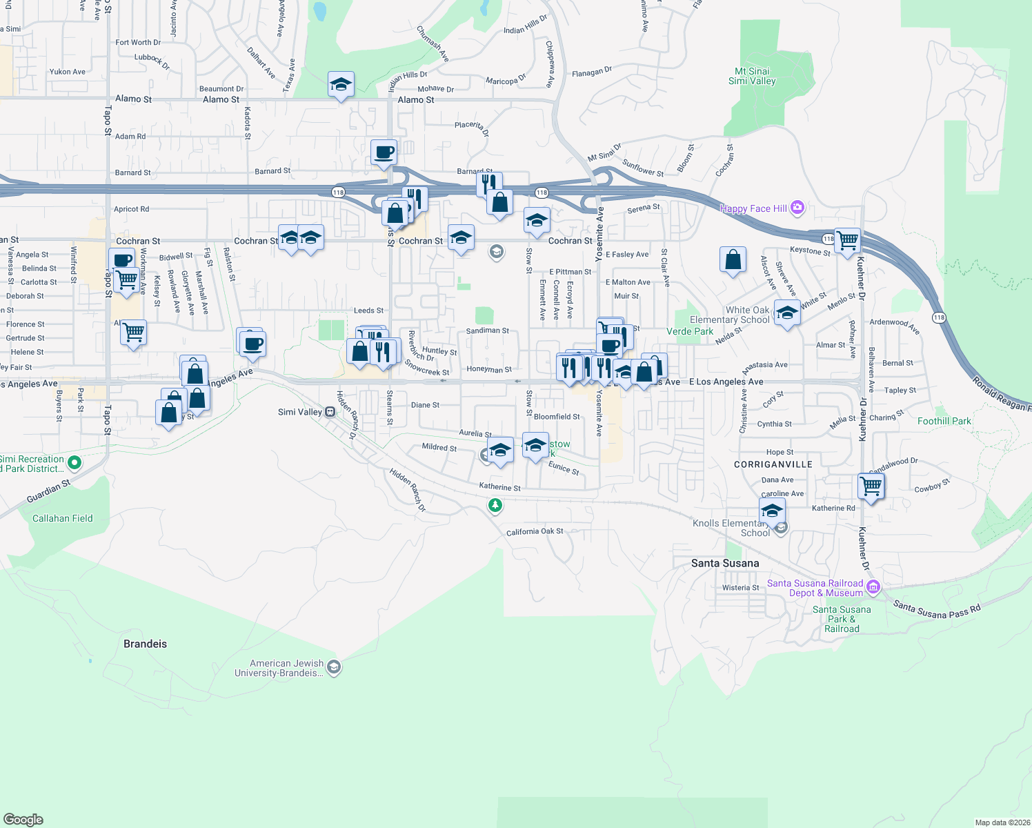 map of restaurants, bars, coffee shops, grocery stores, and more near 1847 N Hilliard Ave in Simi Valley