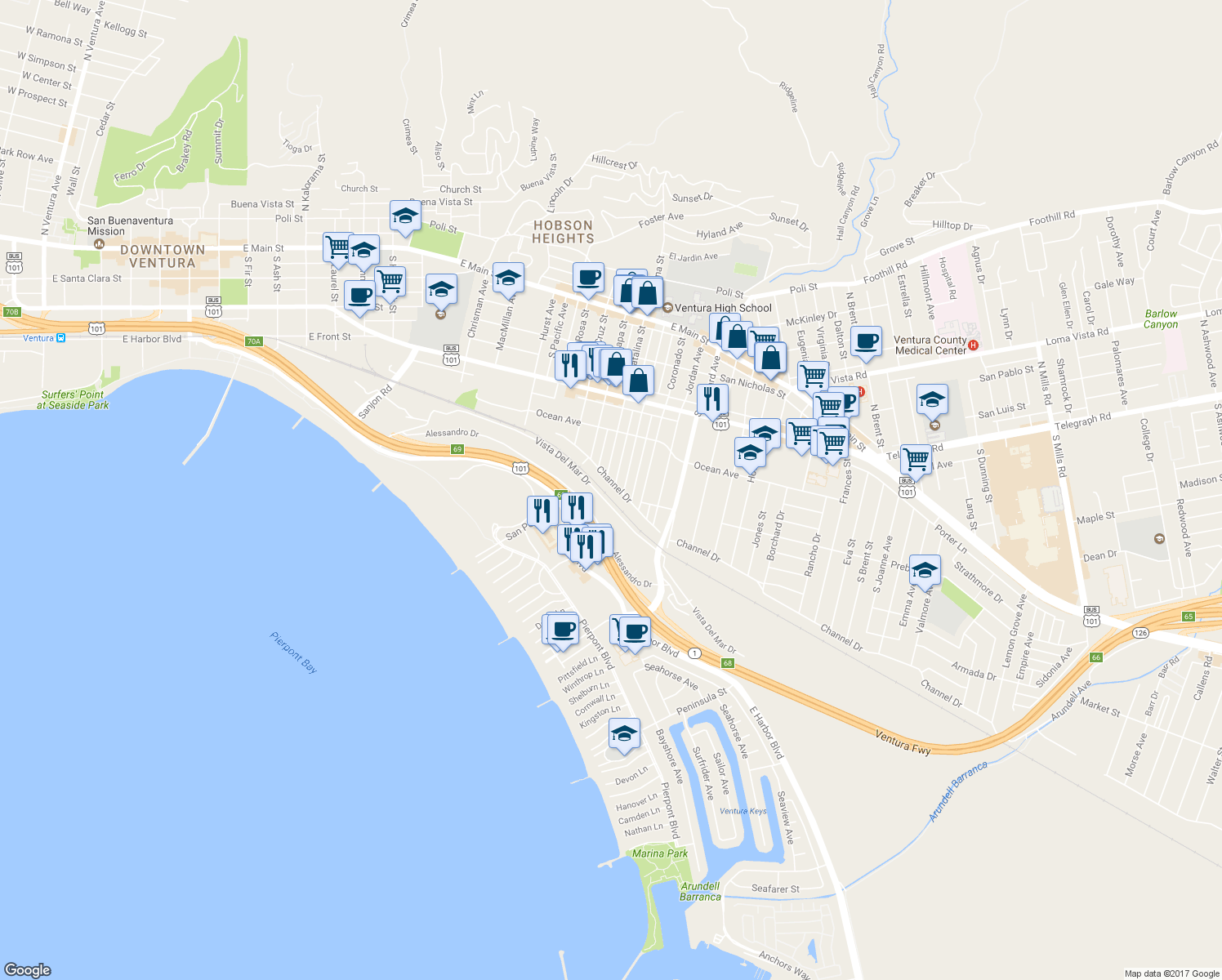 map of restaurants, bars, coffee shops, grocery stores, and more near 2102 Channel Drive in Ventura