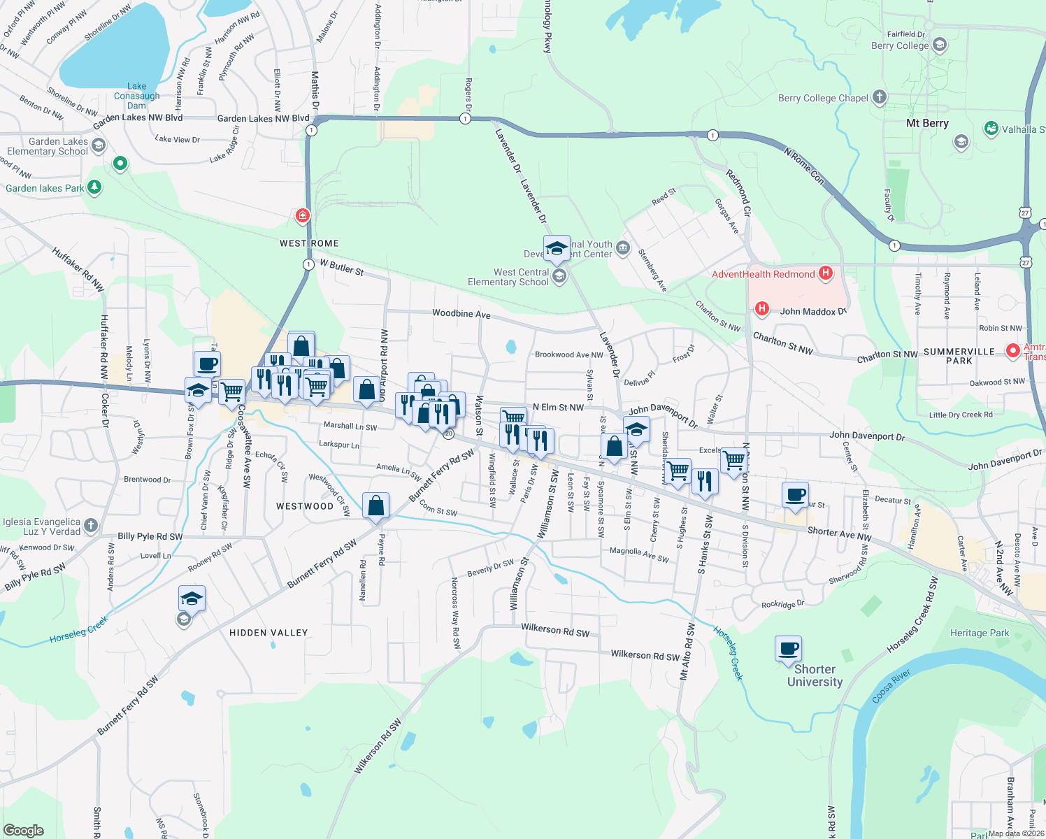 map of restaurants, bars, coffee shops, grocery stores, and more near 107 Dellwood Drive Northwest in Rome