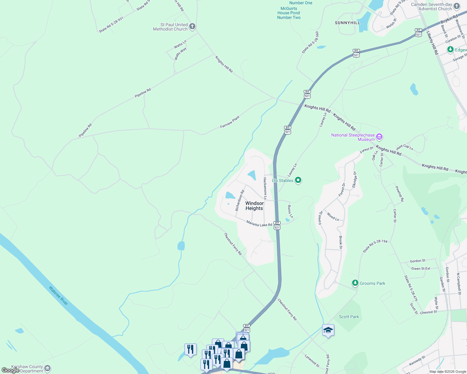 map of restaurants, bars, coffee shops, grocery stores, and more near 2410 Marietta Lake Road in Camden