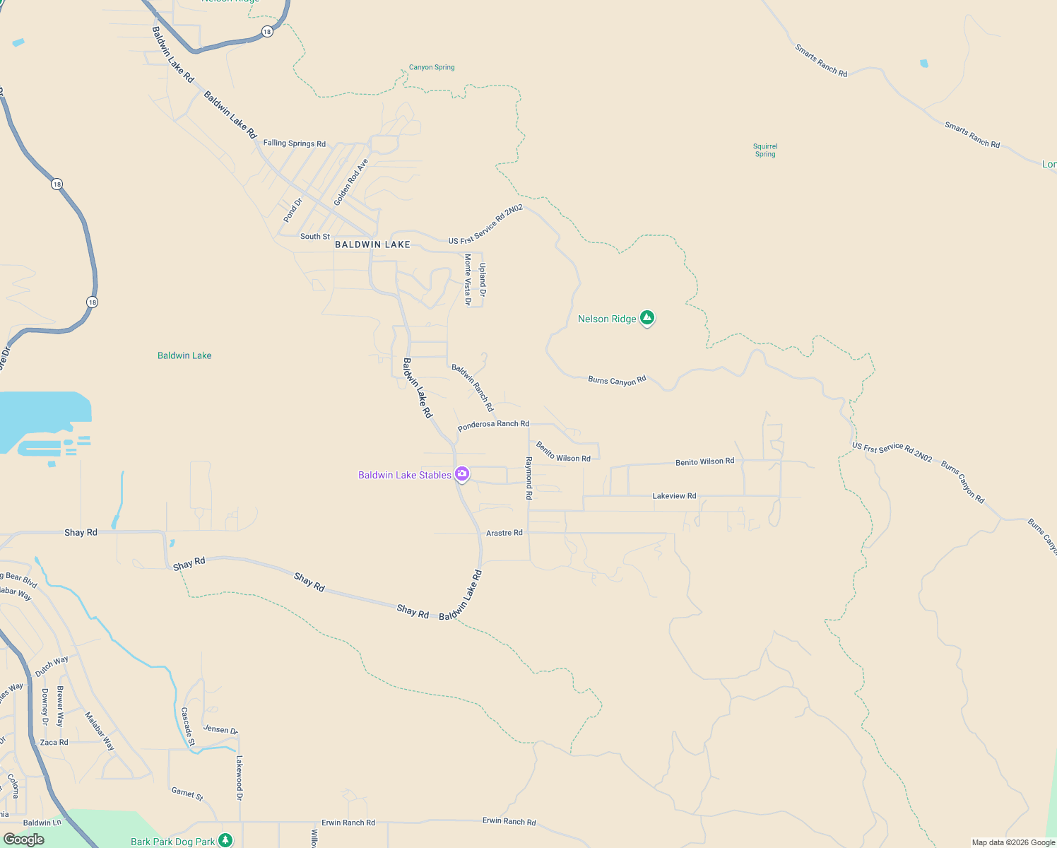 map of restaurants, bars, coffee shops, grocery stores, and more near Ponderosa Ranch Road in Big Bear