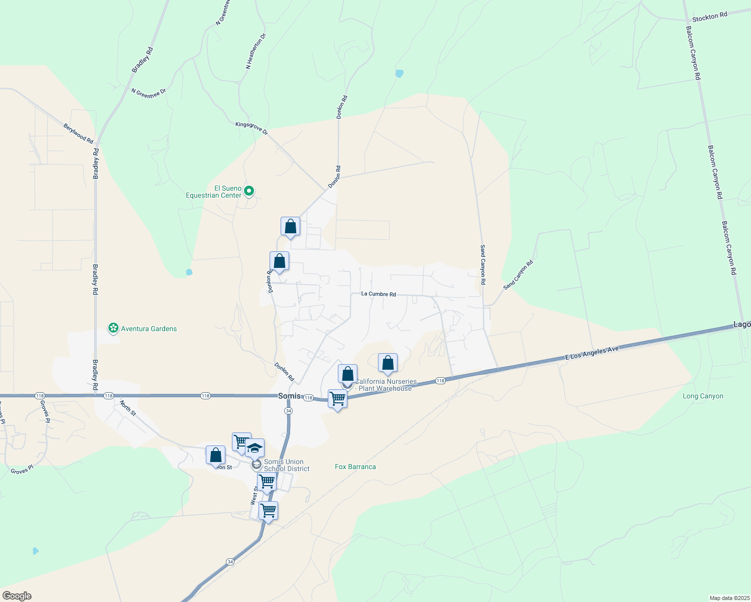 map of restaurants, bars, coffee shops, grocery stores, and more near 4290 Aspen Lane in Somis