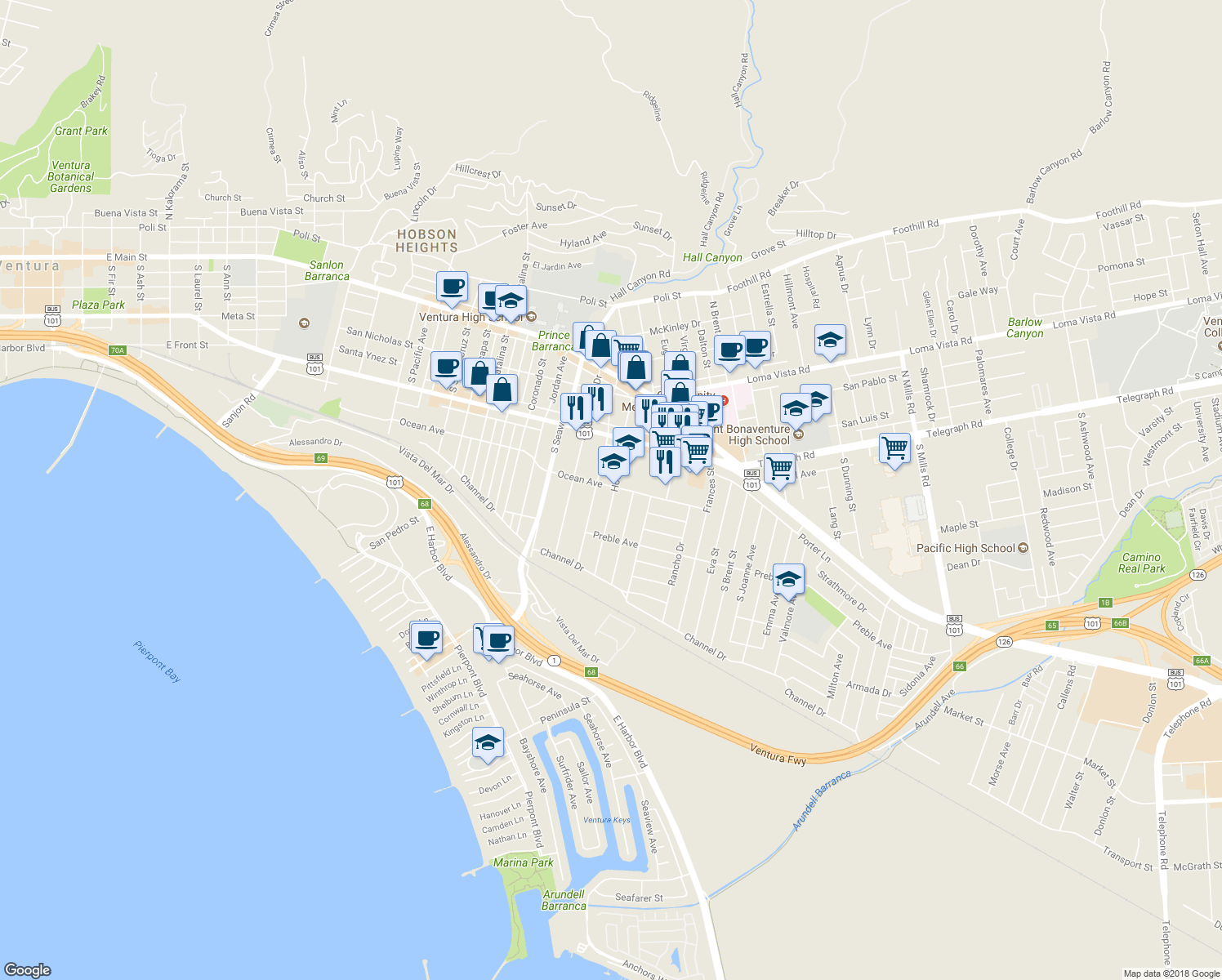 map of restaurants, bars, coffee shops, grocery stores, and more near 355 Howard Street in Ventura