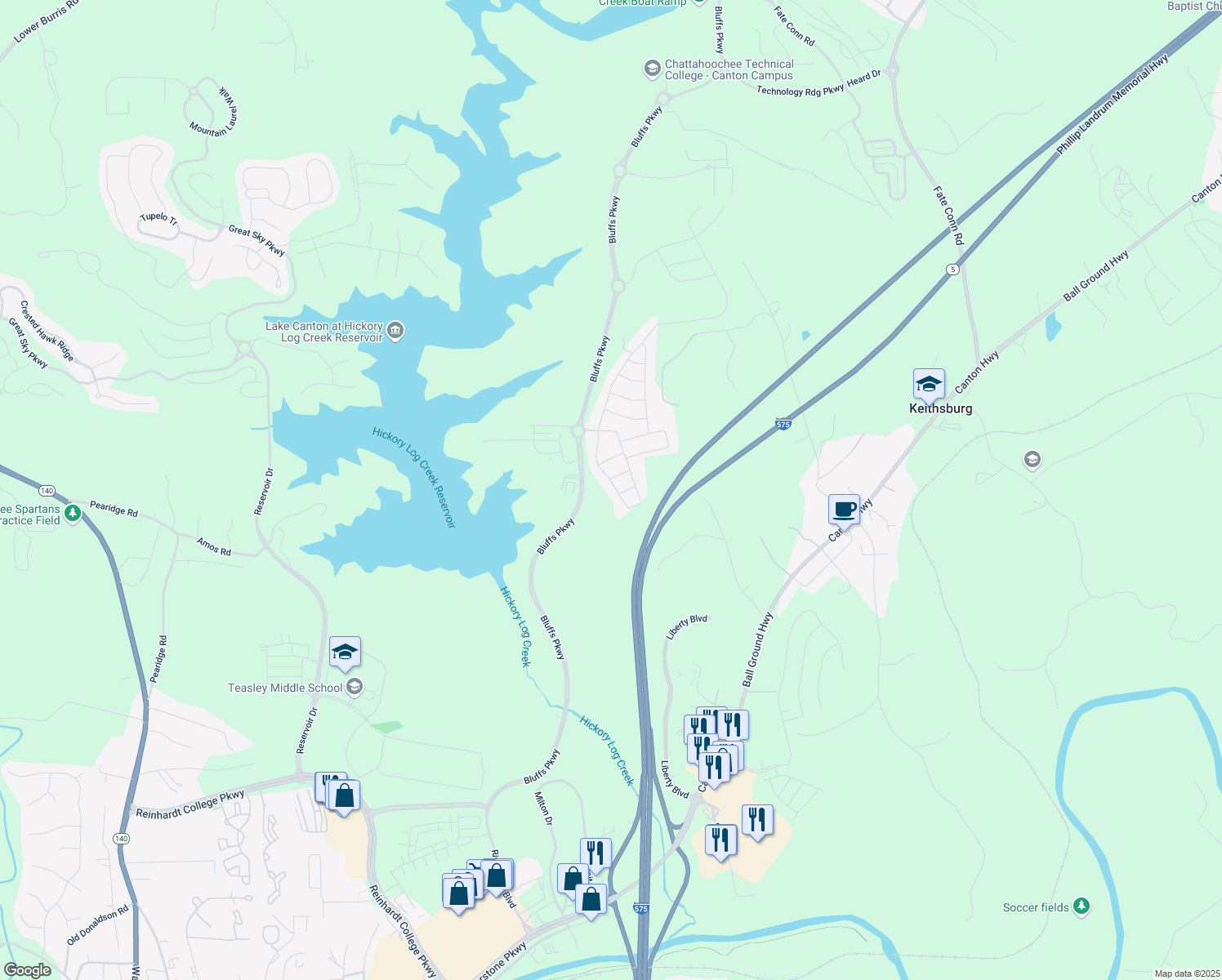map of restaurants, bars, coffee shops, grocery stores, and more near 324 Hickory Bluffs Parkway in Canton