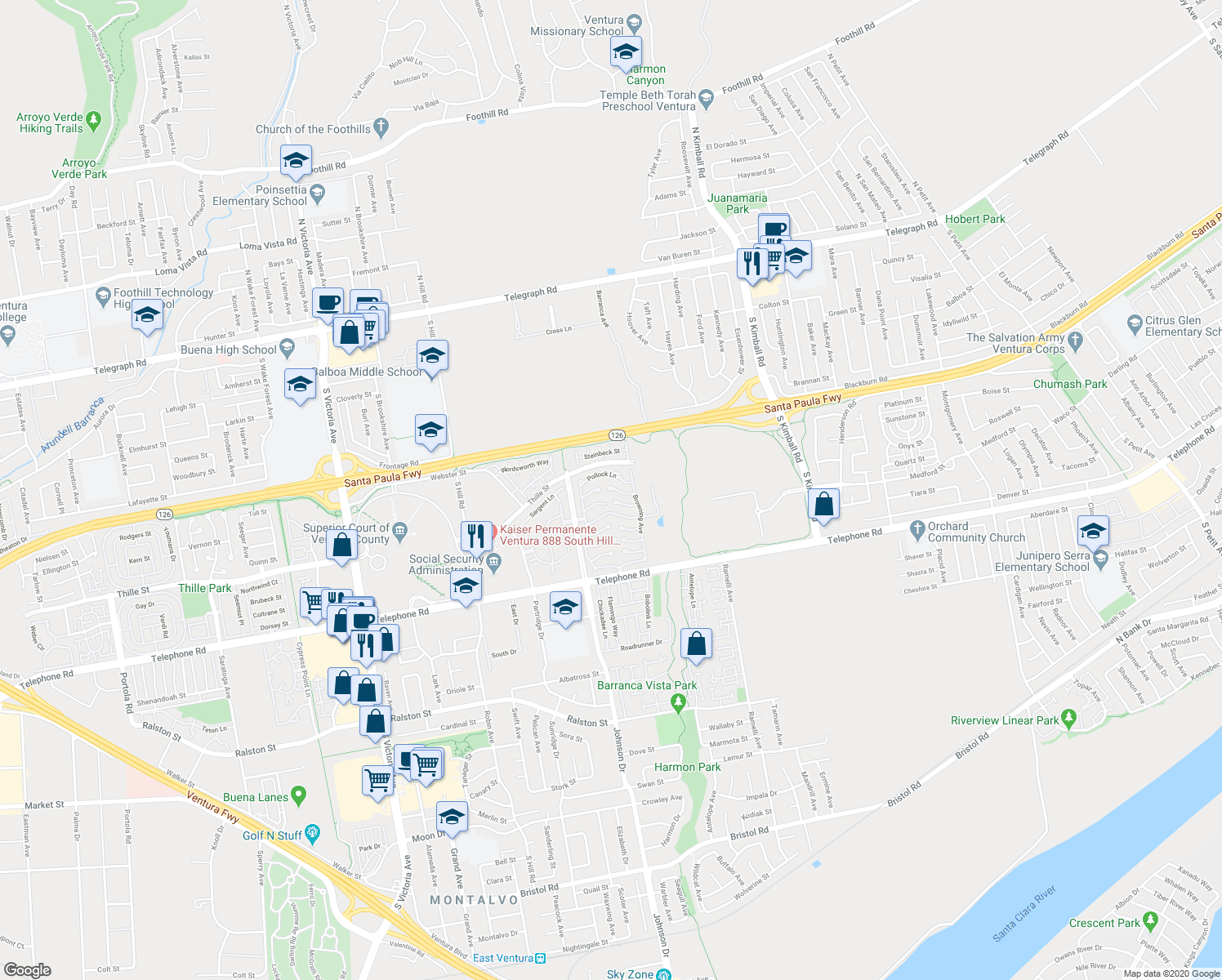 map of restaurants, bars, coffee shops, grocery stores, and more near 114 Stevens Circle in Ventura