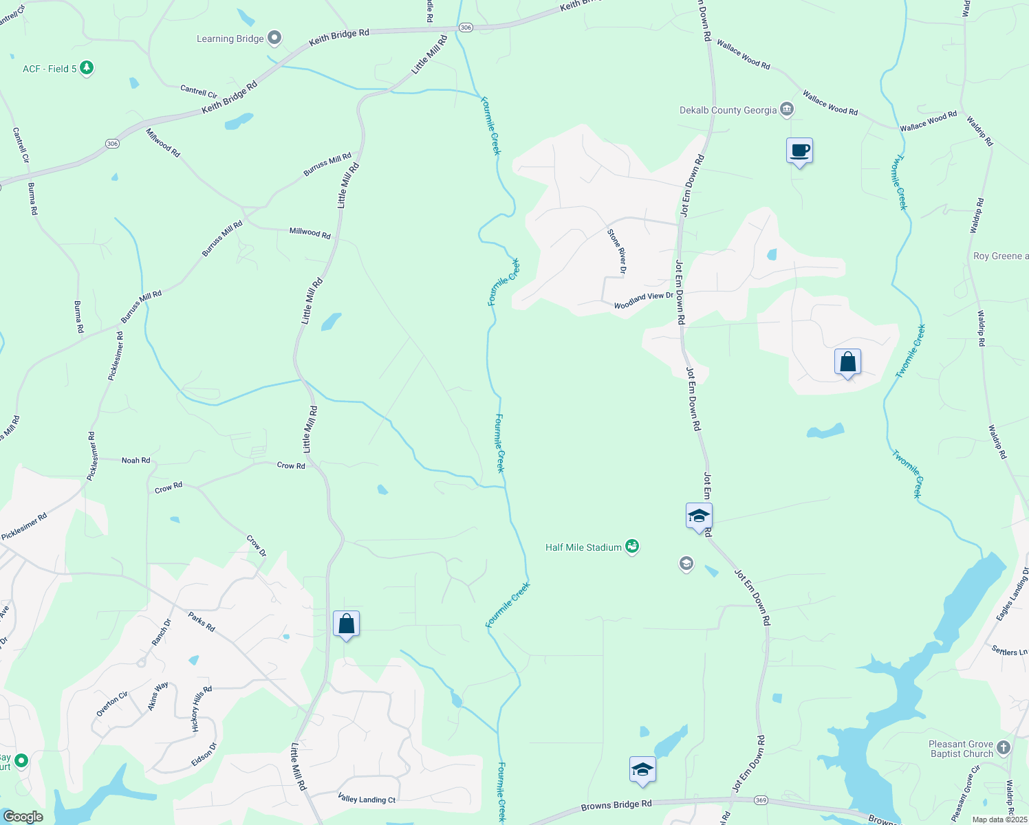 map of restaurants, bars, coffee shops, grocery stores, and more near 6675 Millwood Road in Cumming