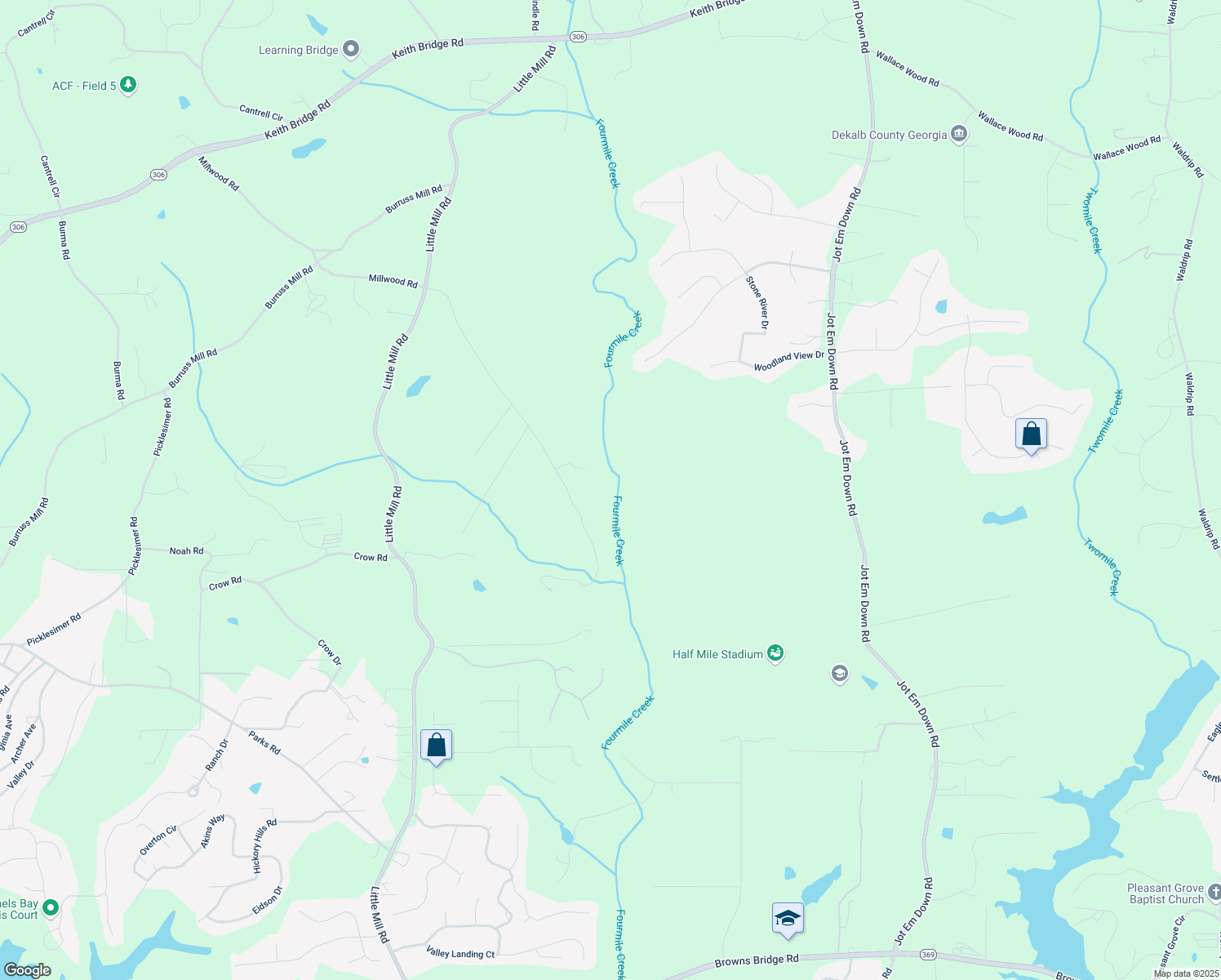 map of restaurants, bars, coffee shops, grocery stores, and more near 6633 Millwood Road in Cumming