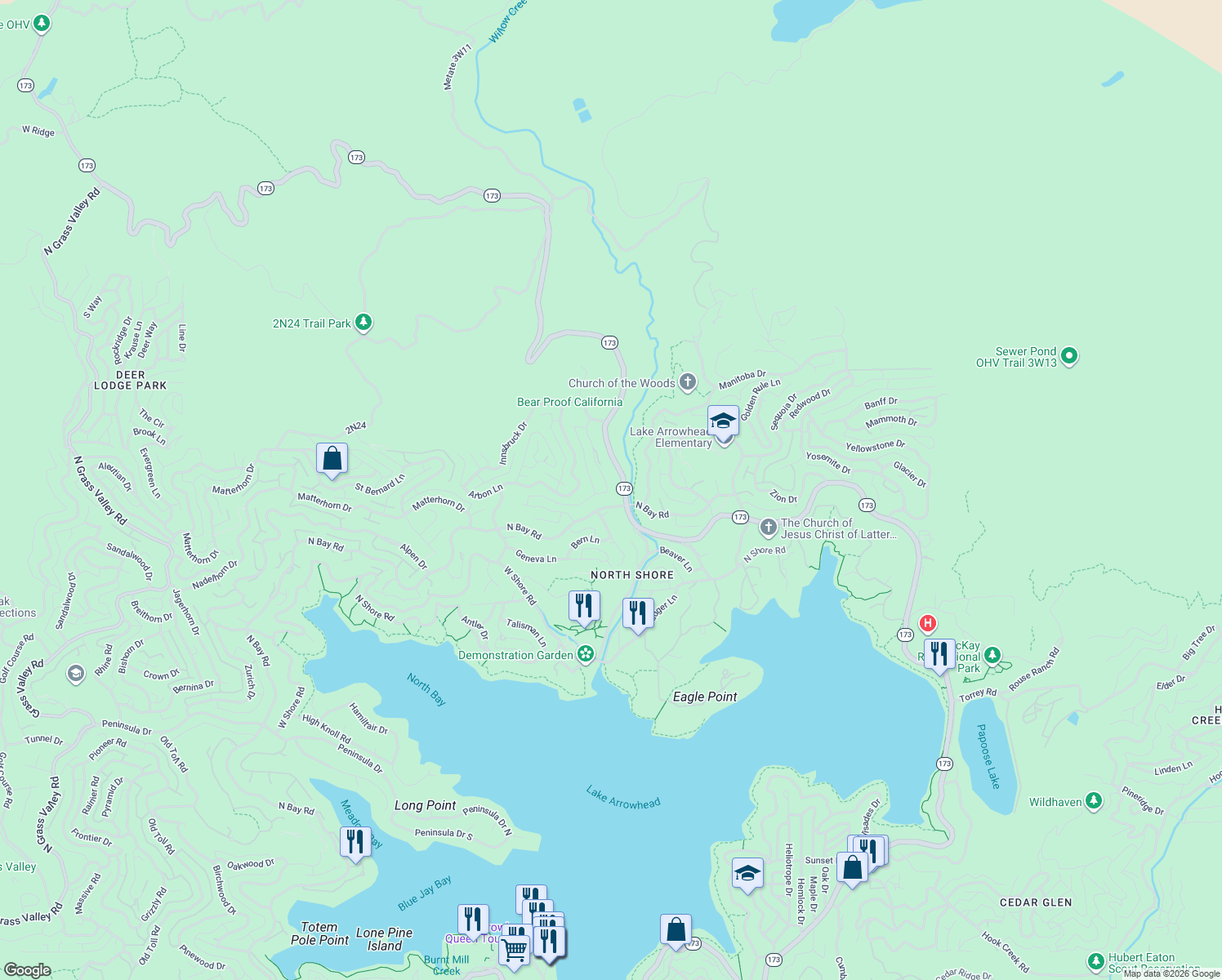 map of restaurants, bars, coffee shops, grocery stores, and more near 1212 Portillo Lane in Lake Arrowhead