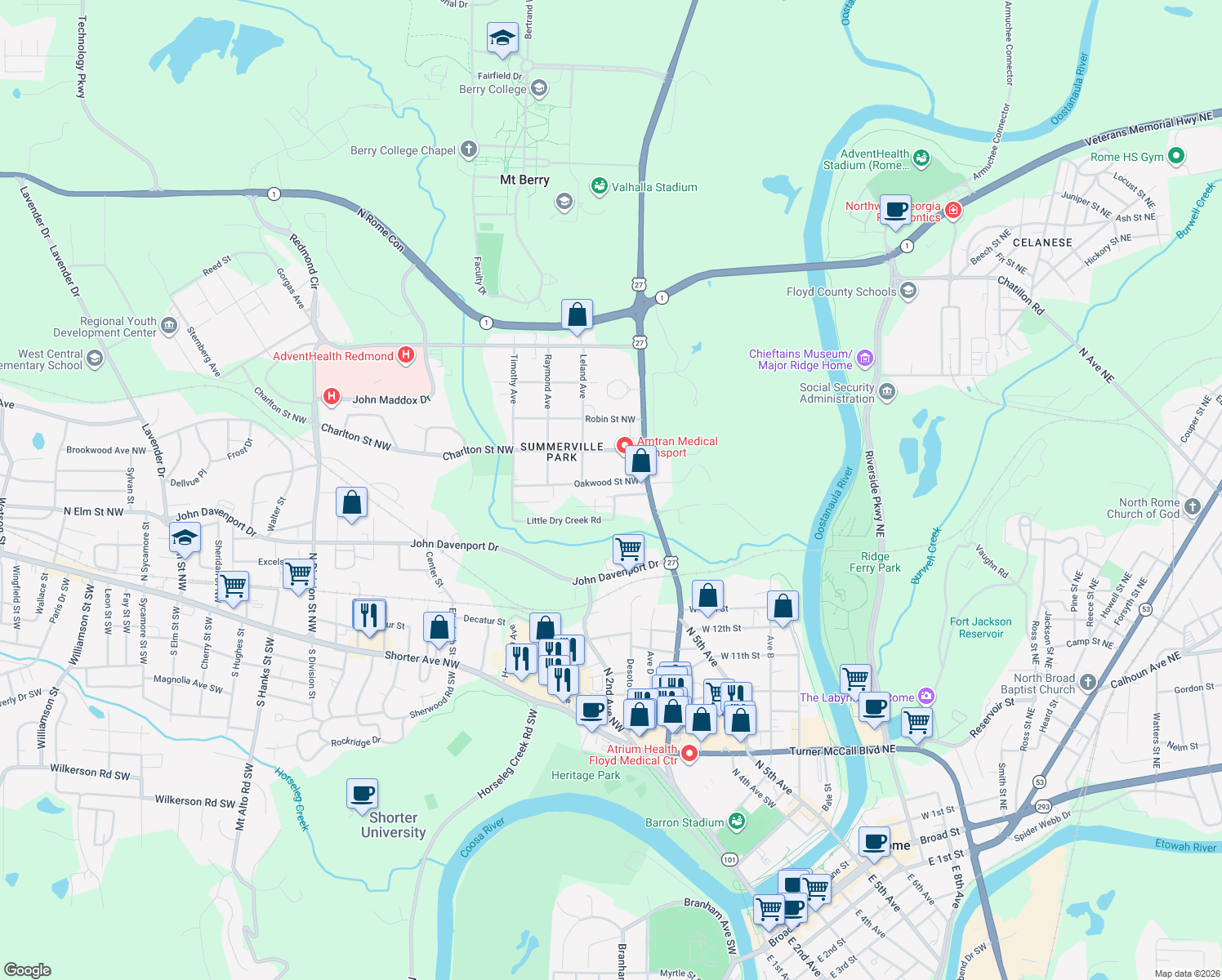 map of restaurants, bars, coffee shops, grocery stores, and more near 5 Oakwood Street Northwest in Rome